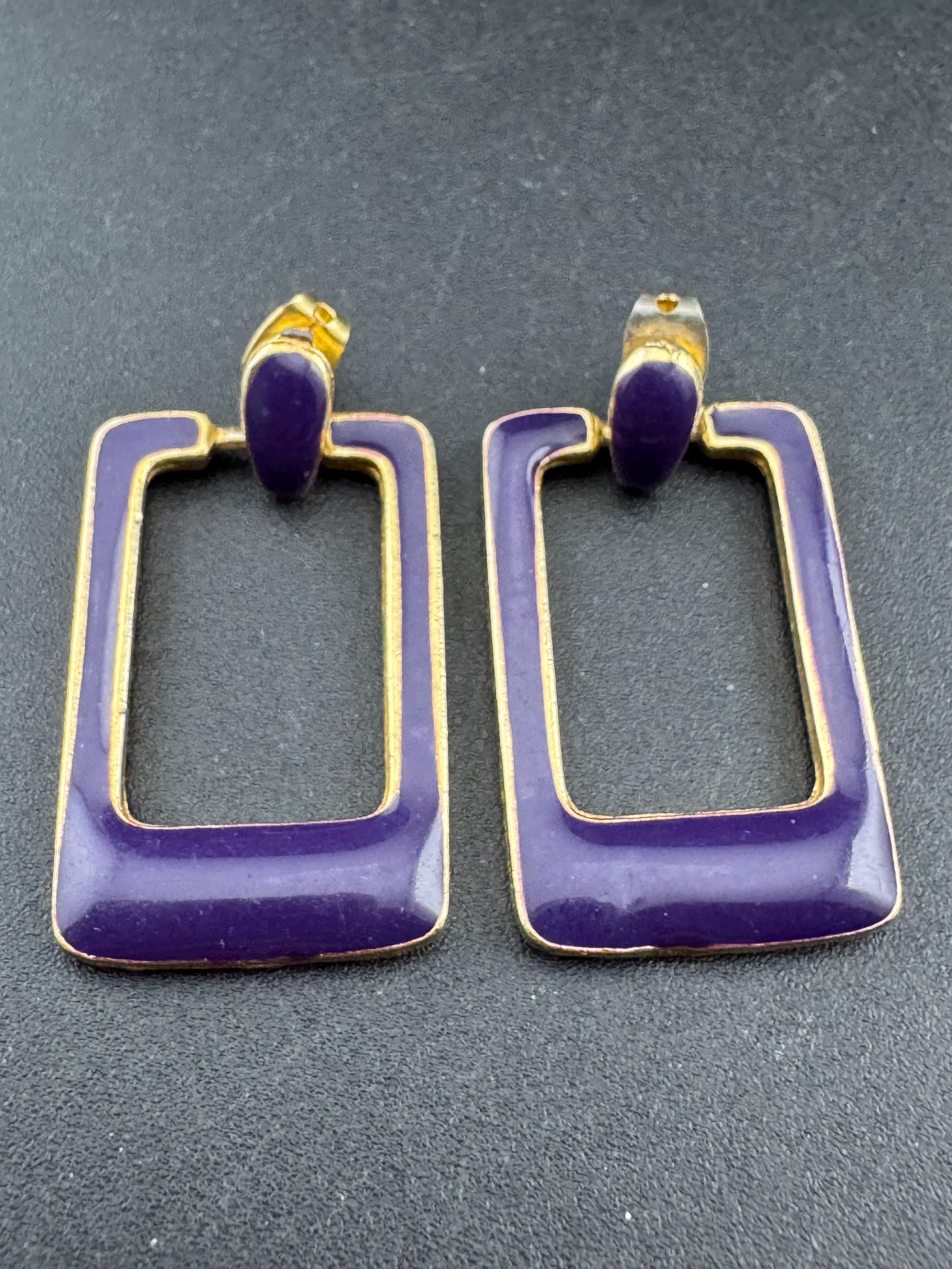 Vintage purple enamel door knocker drop earrings for pierced ears
