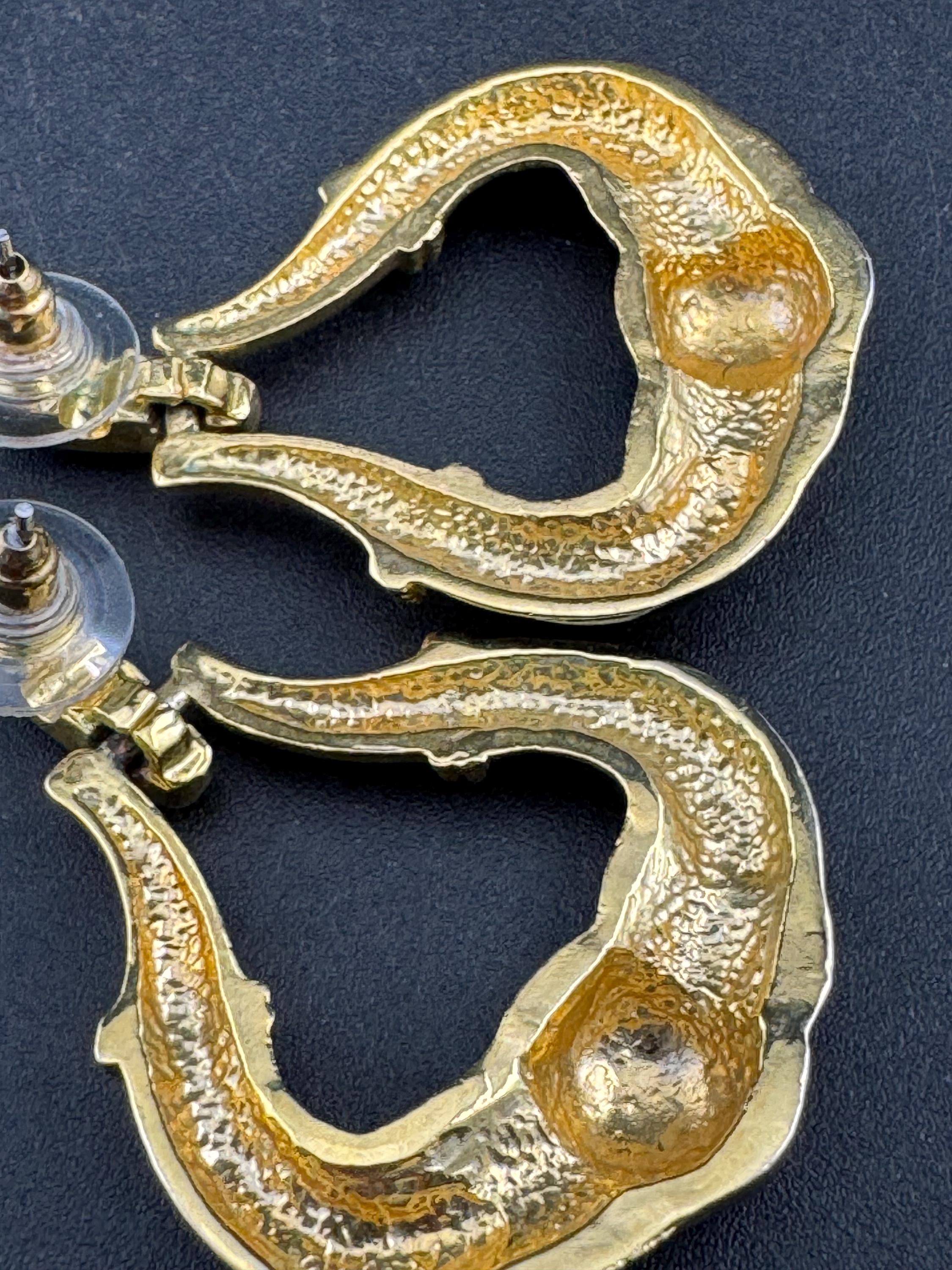 Vintage 1980s Gold tone Black enamel and diamanté pair door knocker dangly drop earrings pierced
