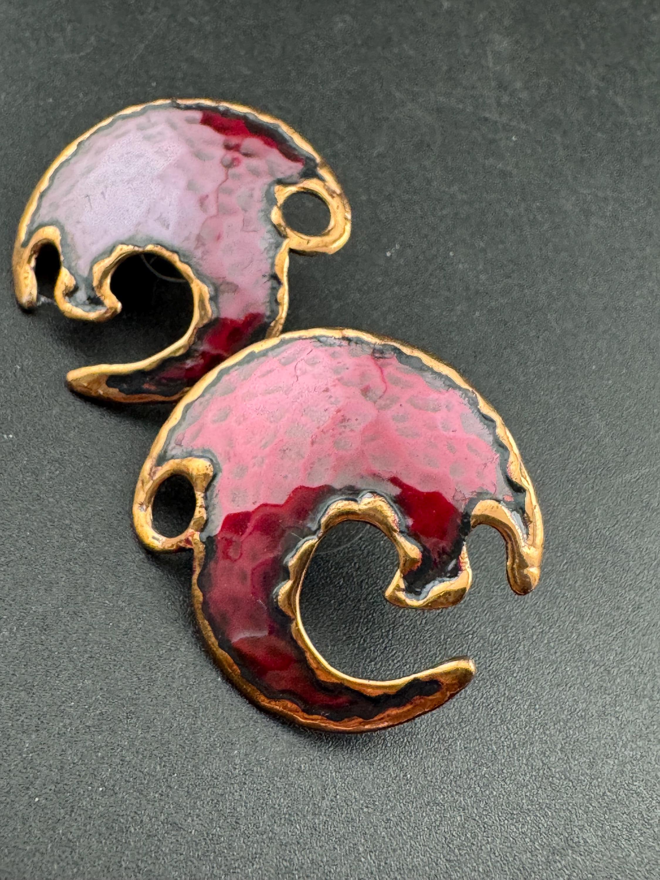 Artisan brutalist style copper brass large deep maroon red disc stud earrings for pierced ears