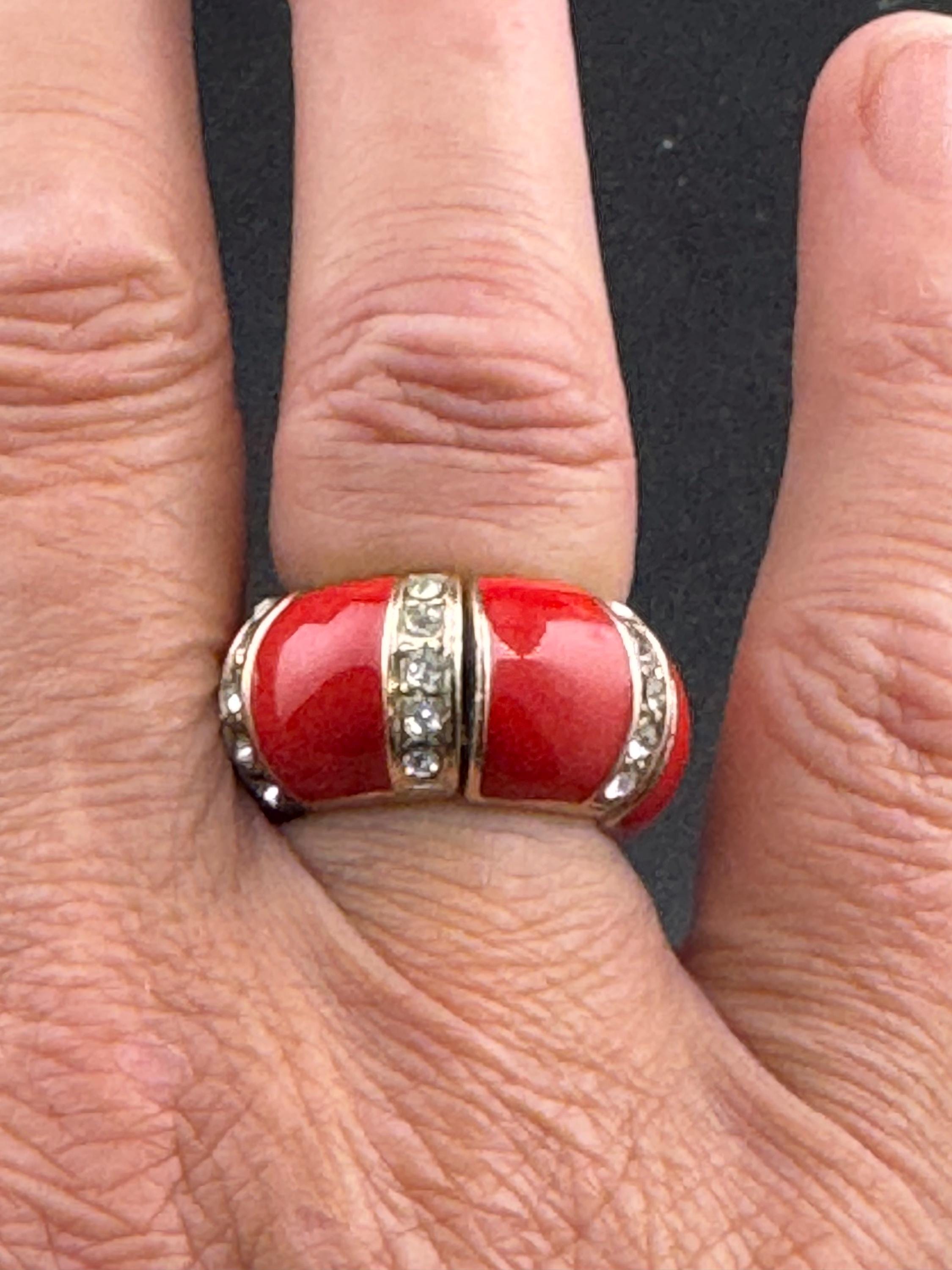 vintage red enamel and diamanté  wide band elasticated dress ring