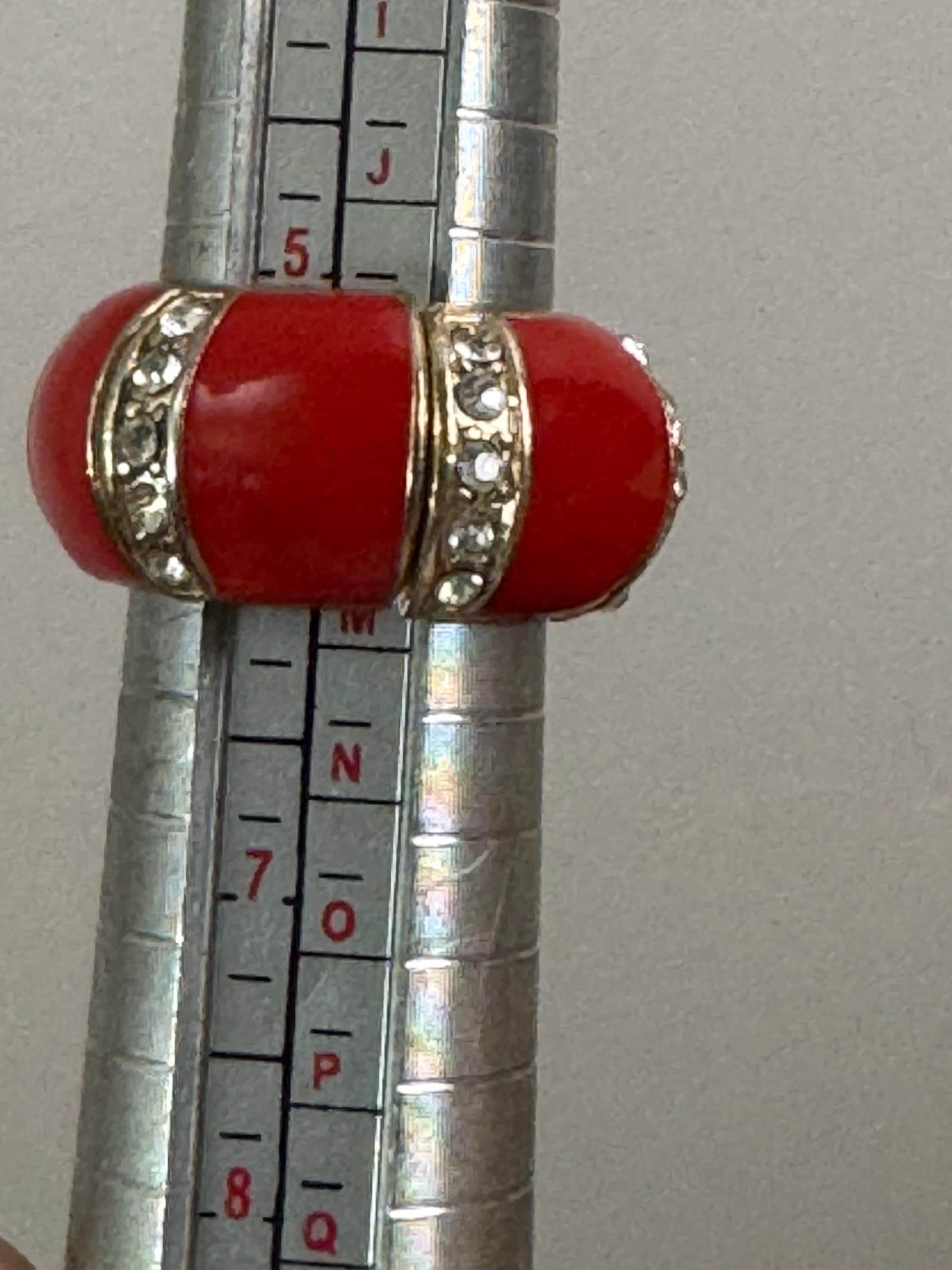 vintage red enamel and diamanté  wide band elasticated dress ring