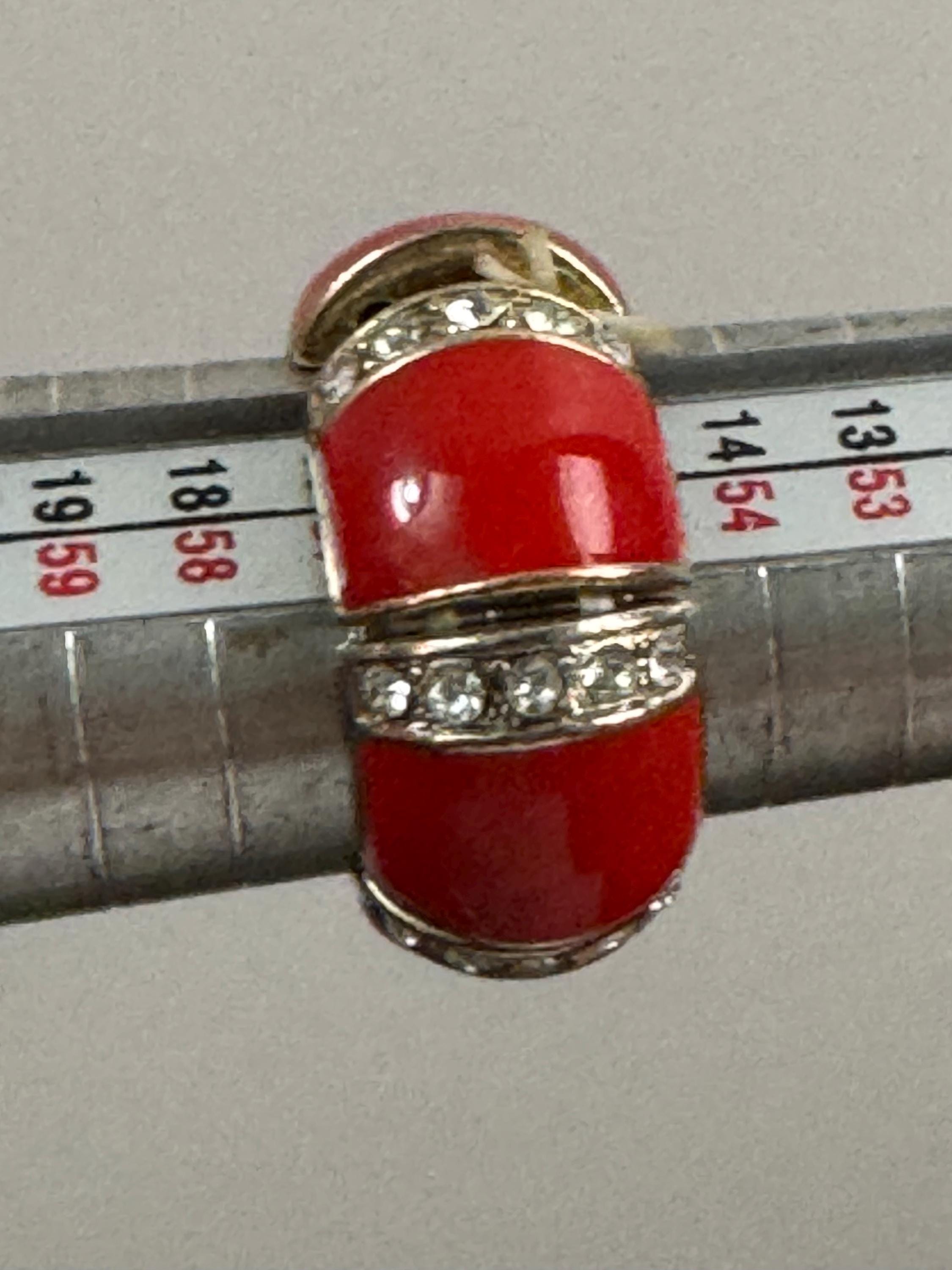 vintage red enamel and diamanté  wide band elasticated dress ring