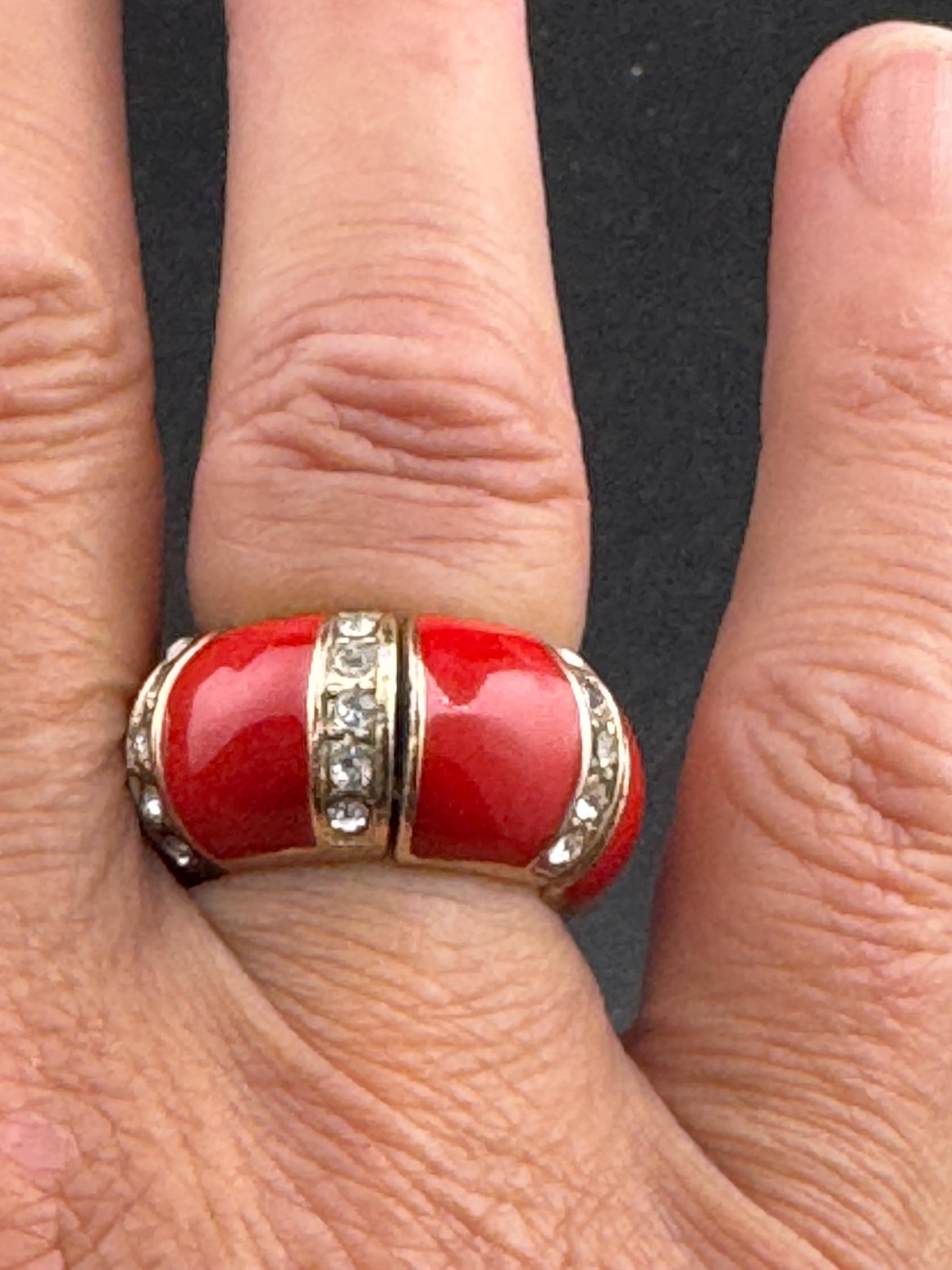 vintage red enamel and diamanté  wide band elasticated dress ring