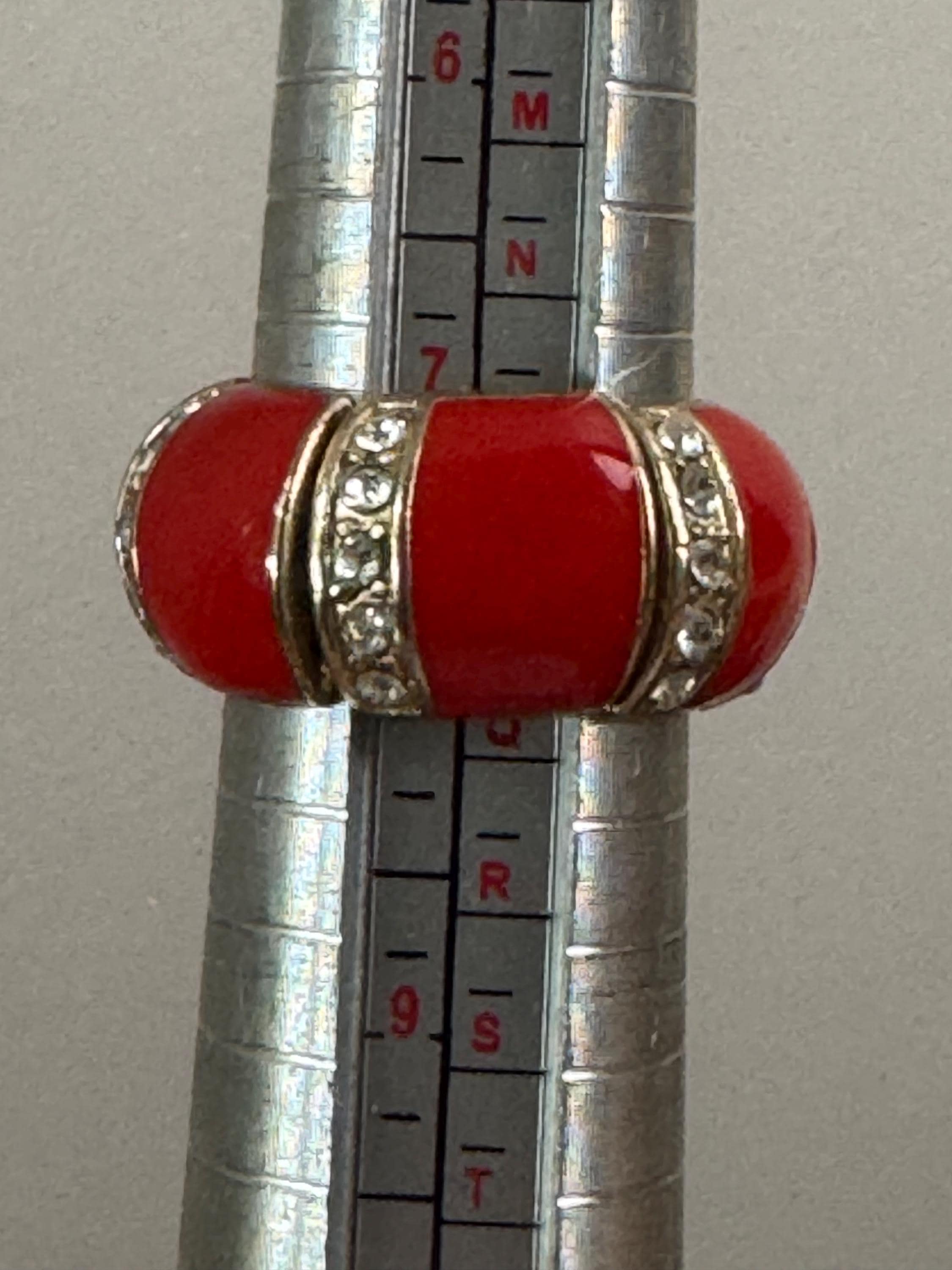 vintage red enamel and diamanté  wide band elasticated dress ring