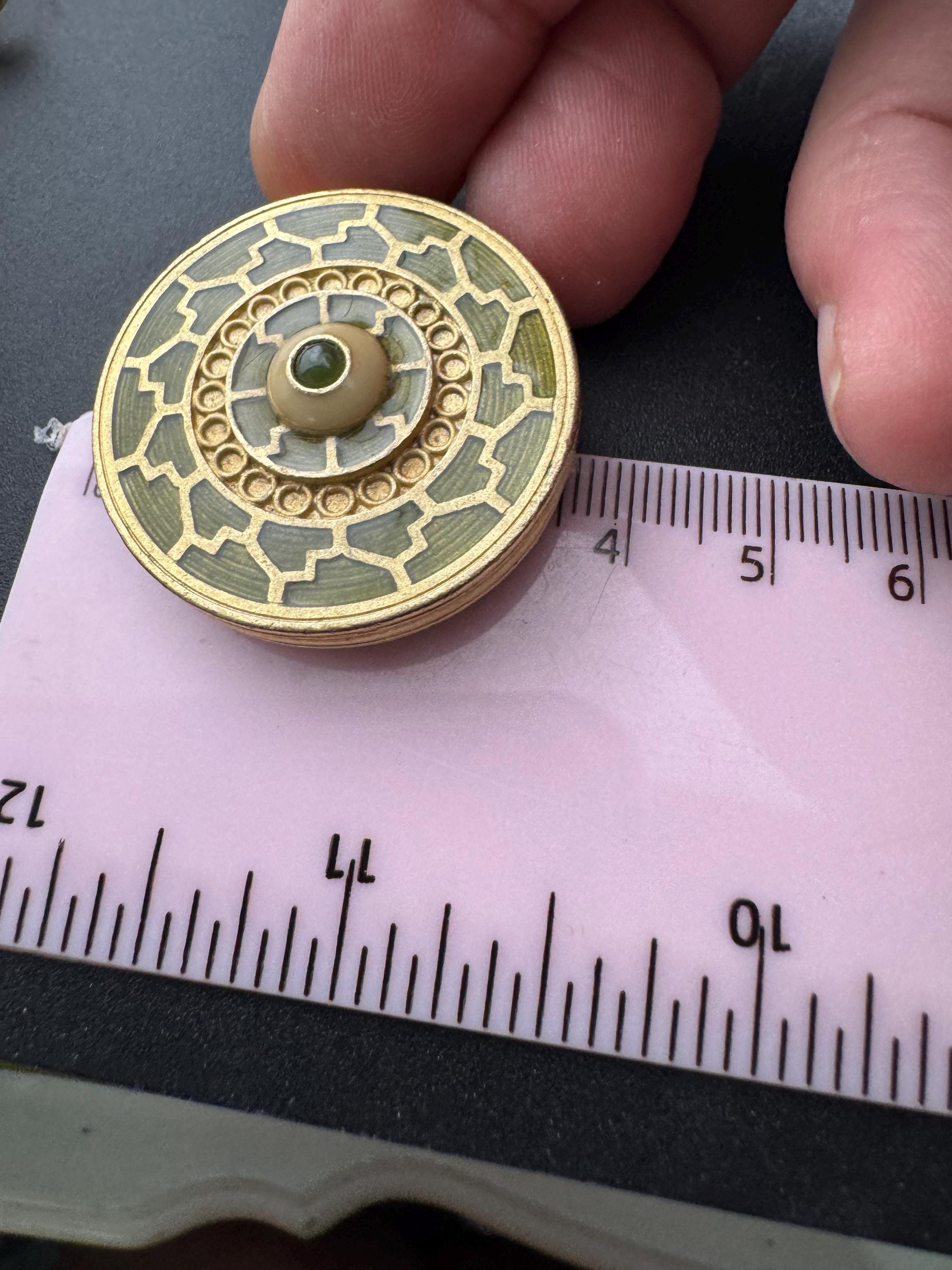 Signed liberty large dark olive green openwork anti style disc clip on earrings, gold tone