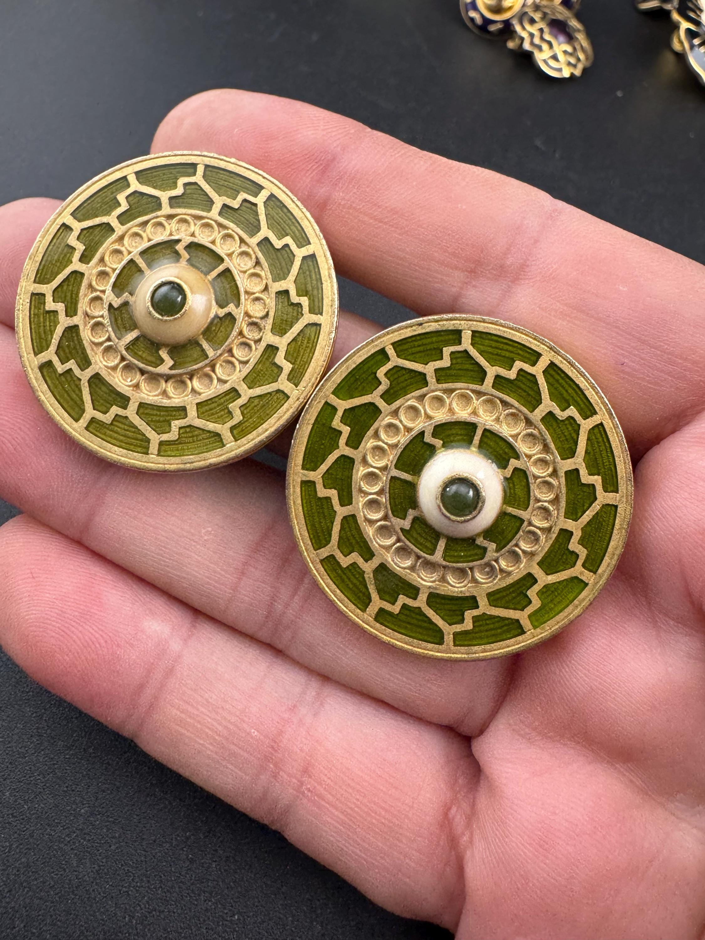 Signed liberty large dark olive green openwork anti style disc clip on earrings, gold tone