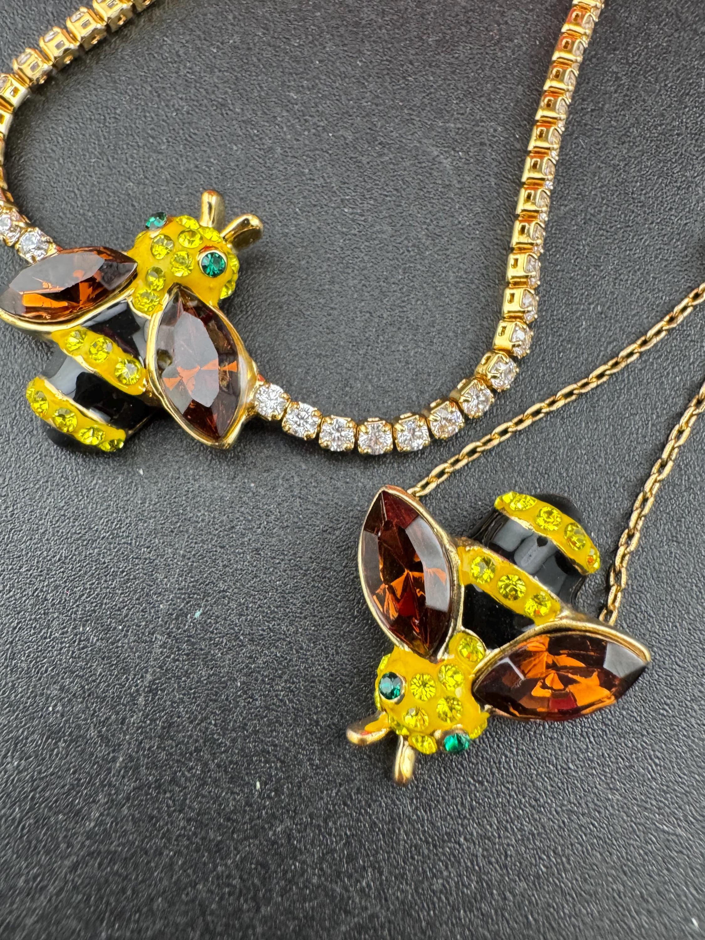 Signed butler and Wilson gold tone bumble bee jewellery set , tennis bracelet and adjustable dress ring , boxed,