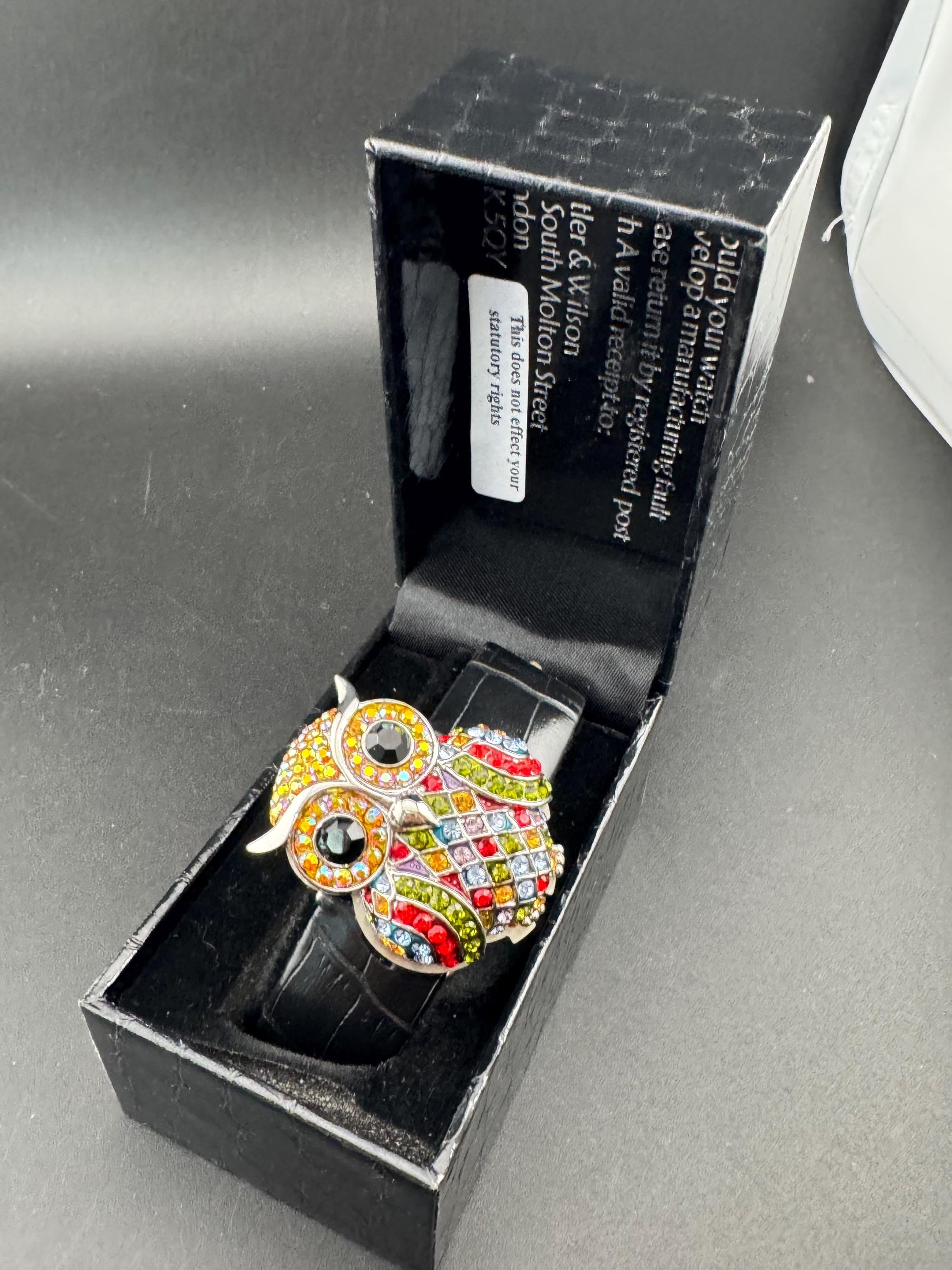retro butler and Wilson rhinestone owl watch no battery , original box