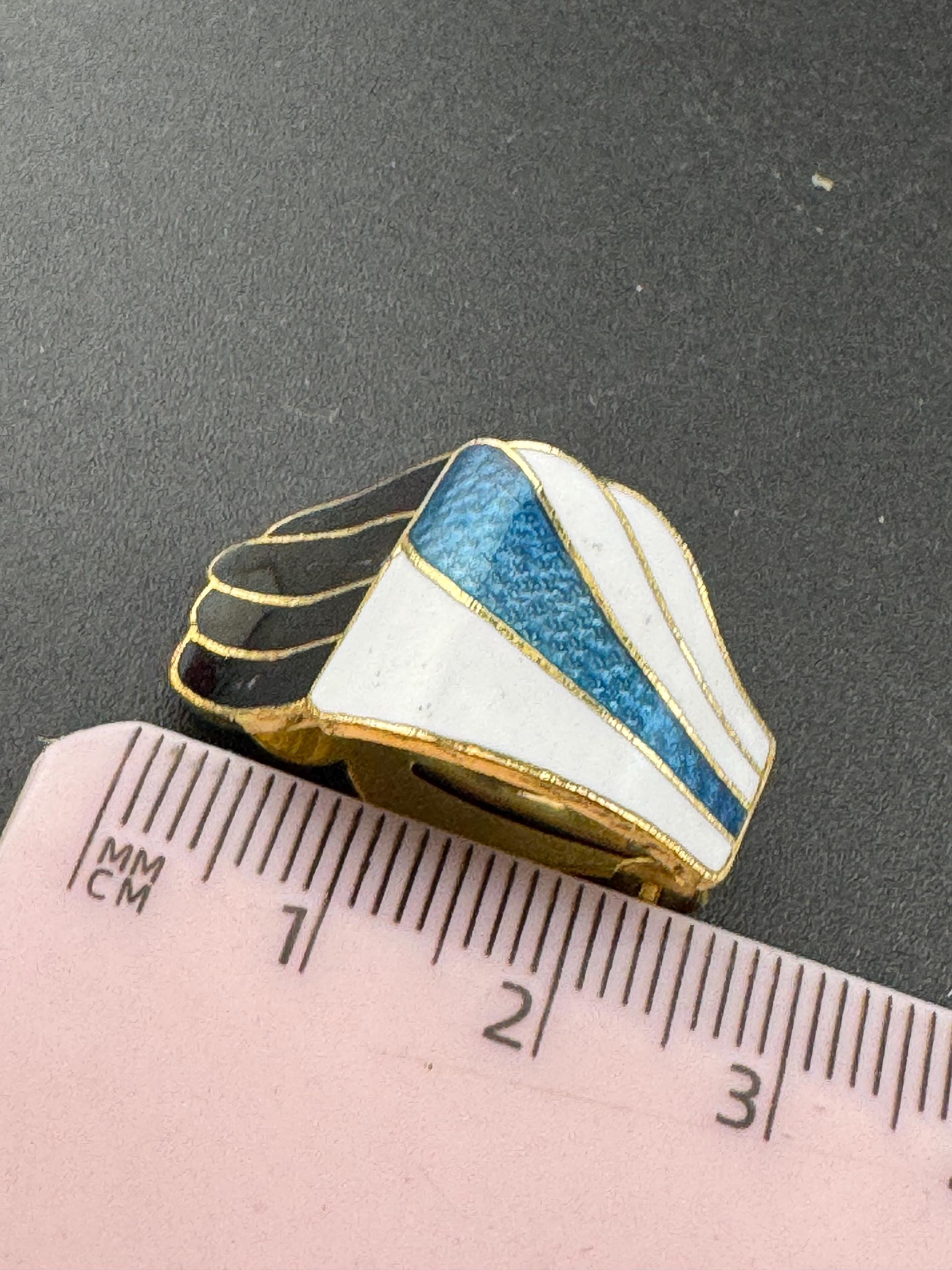 Vintage Retro pair black blue and white cloisonné enamel geometric  half hoop curved clip on earrings gold tone