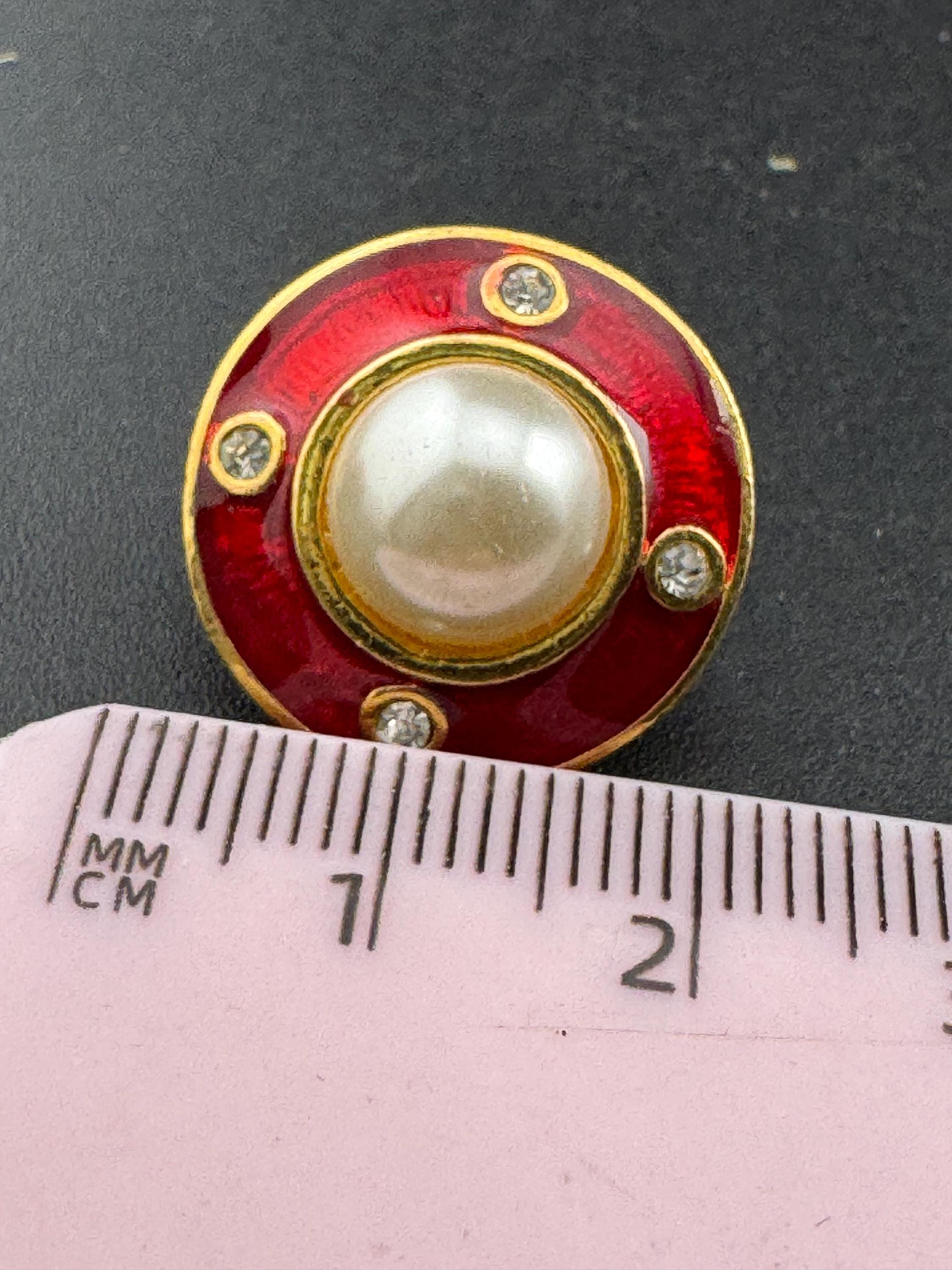 Retro Gold tone red enamel rhinestone clip on earrings  with central pearl cabochon M&S 1990s