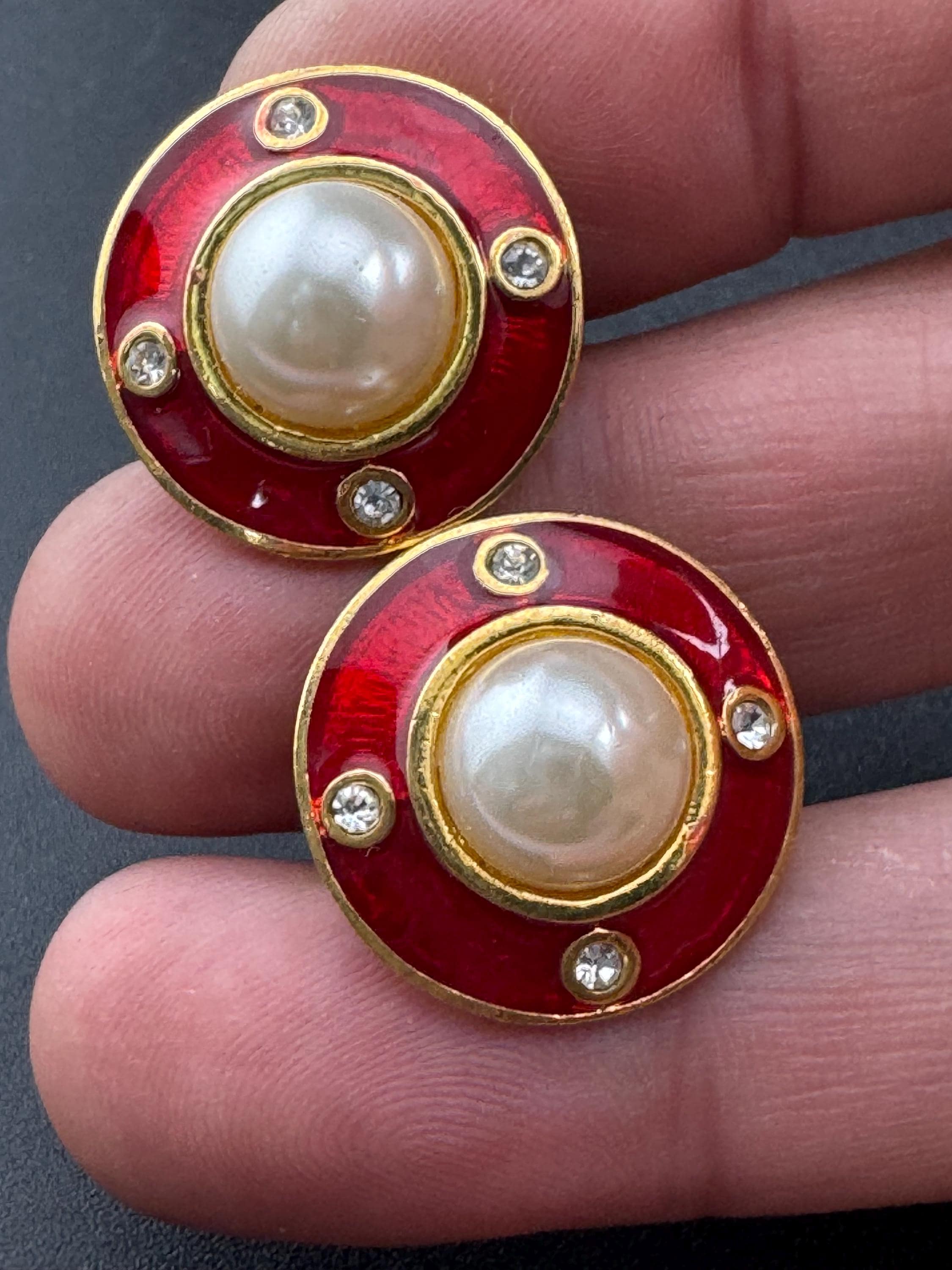 Retro Gold tone red enamel rhinestone clip on earrings  with central pearl cabochon M&S 1990s