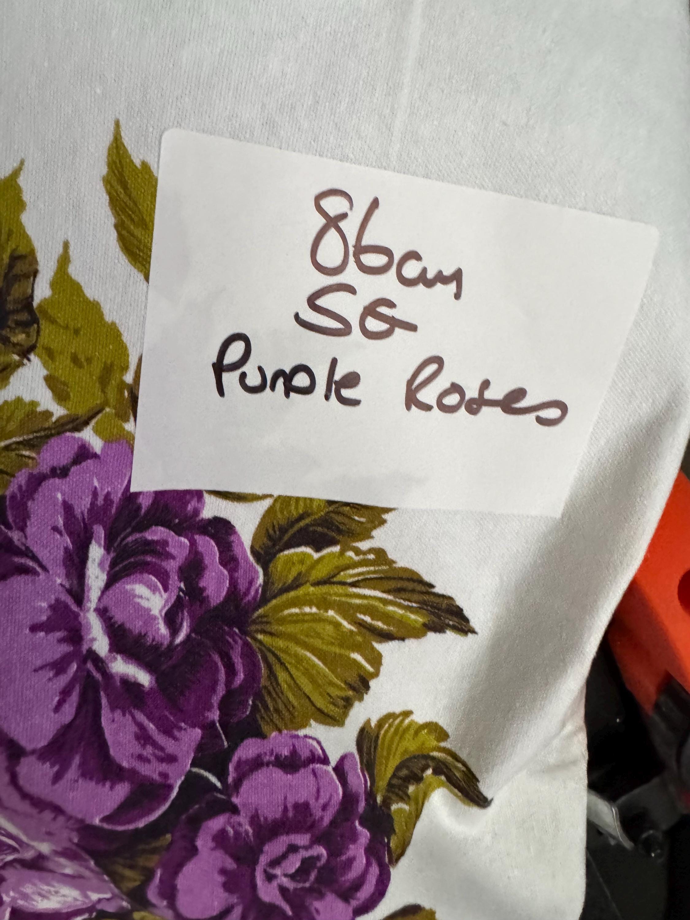 Vintage 86cm square linen cotton printed white with 1950s cabbage roses purple  floral tablecloth