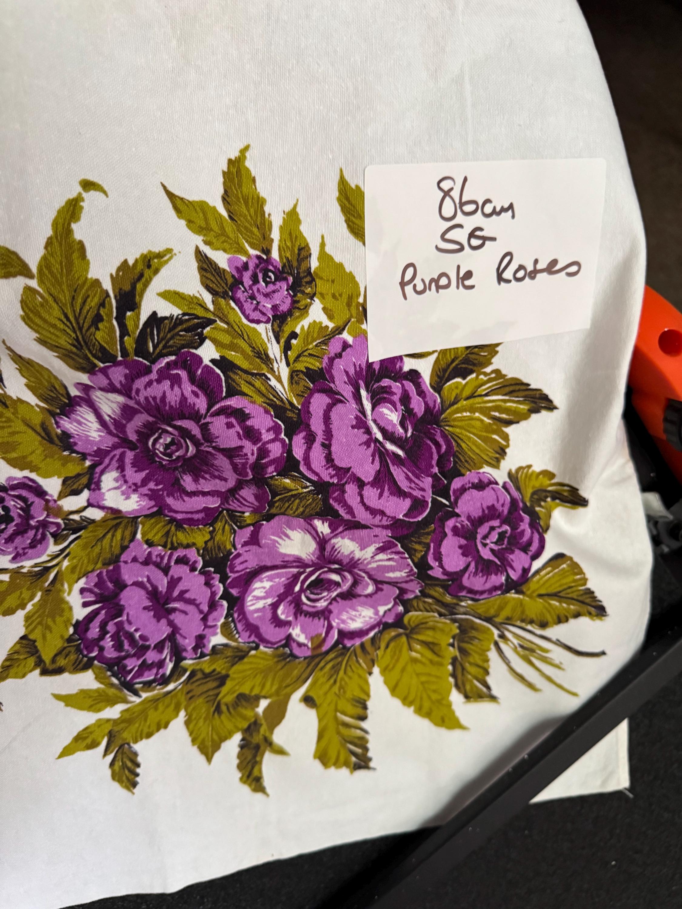 Vintage 86cm square linen cotton printed white with 1950s cabbage roses purple  floral tablecloth