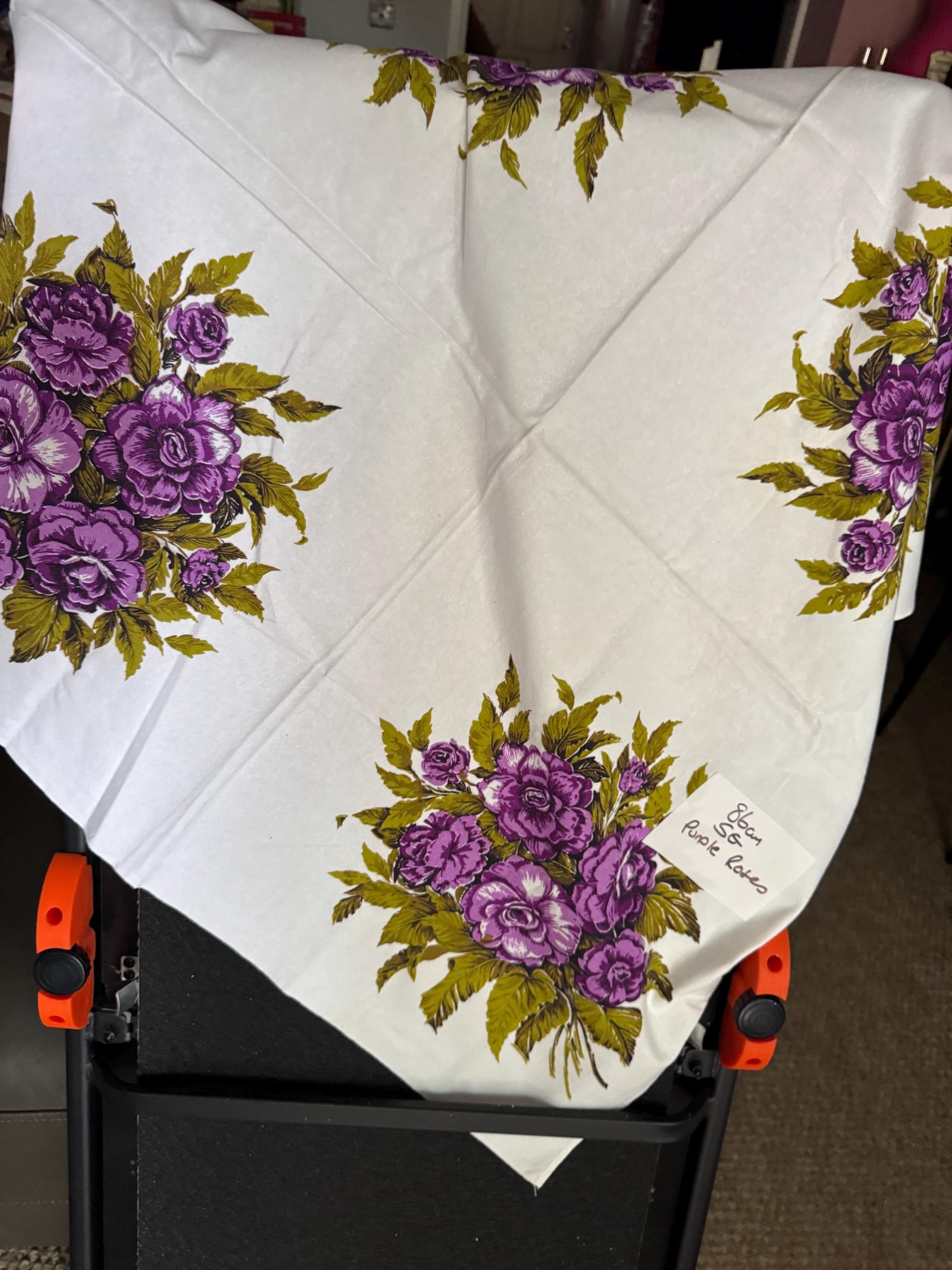 Vintage 86cm square linen cotton printed white with 1950s cabbage roses purple  floral tablecloth