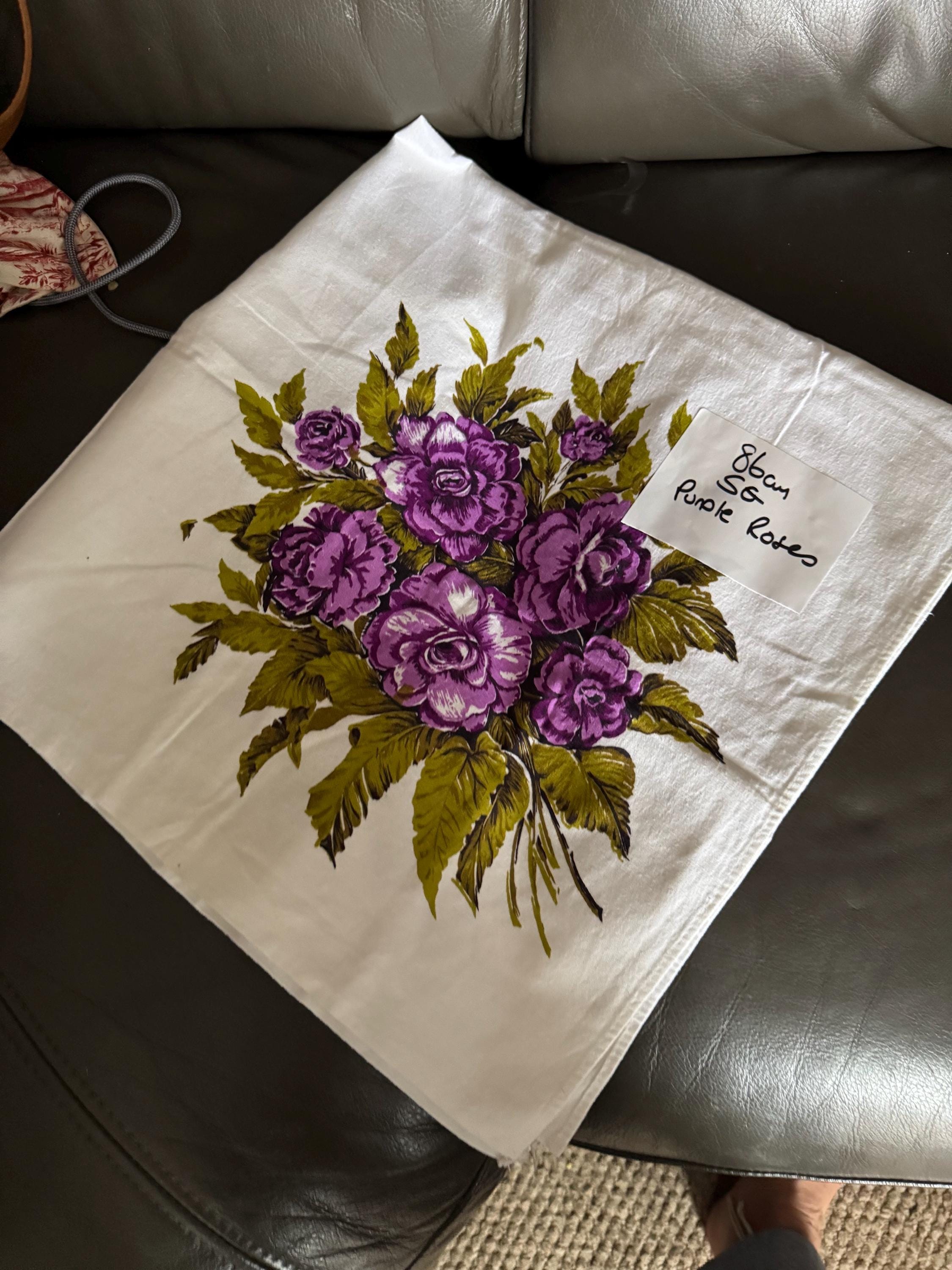 Vintage 86cm square linen cotton printed white with 1950s cabbage roses purple  floral tablecloth