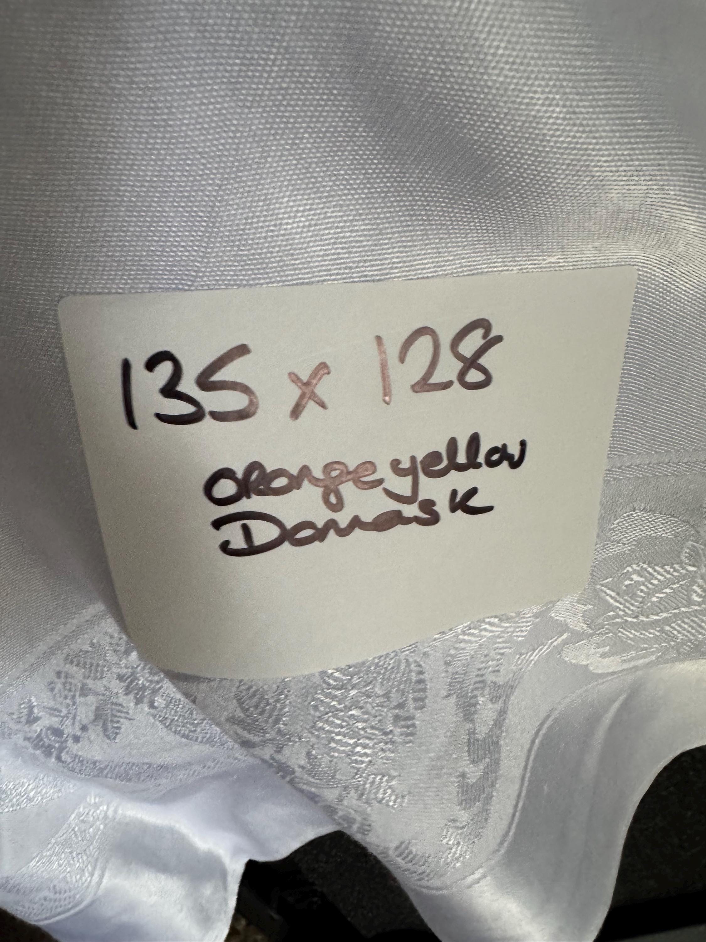 Large 135 x 128cm near square Vintage white with Red Orange yellow printed flowers ,  floral damask tablecloth