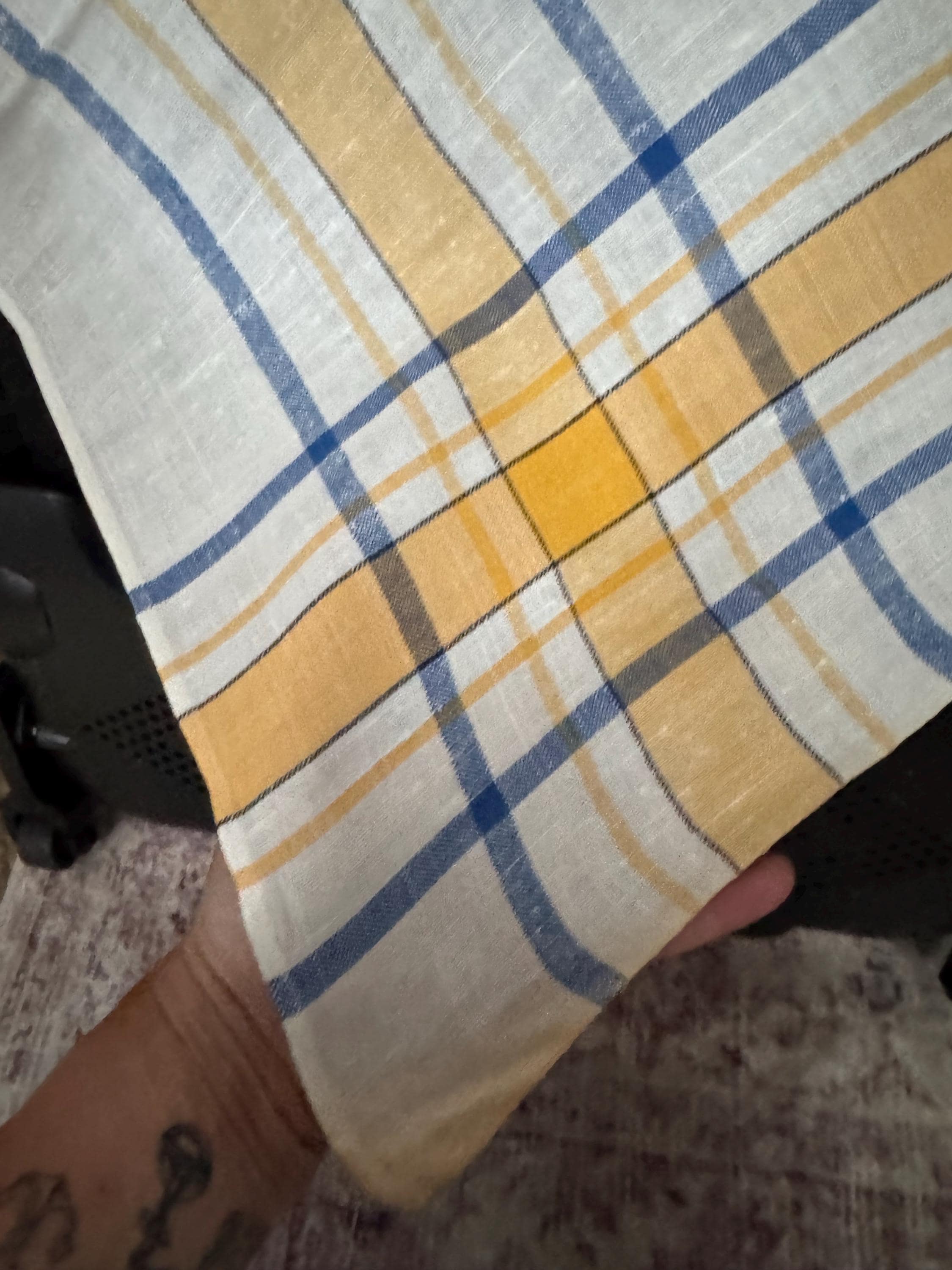 Large 135 x 125cm” near square off white with  blue and yellow geometric stripes and check large printed tablecloth