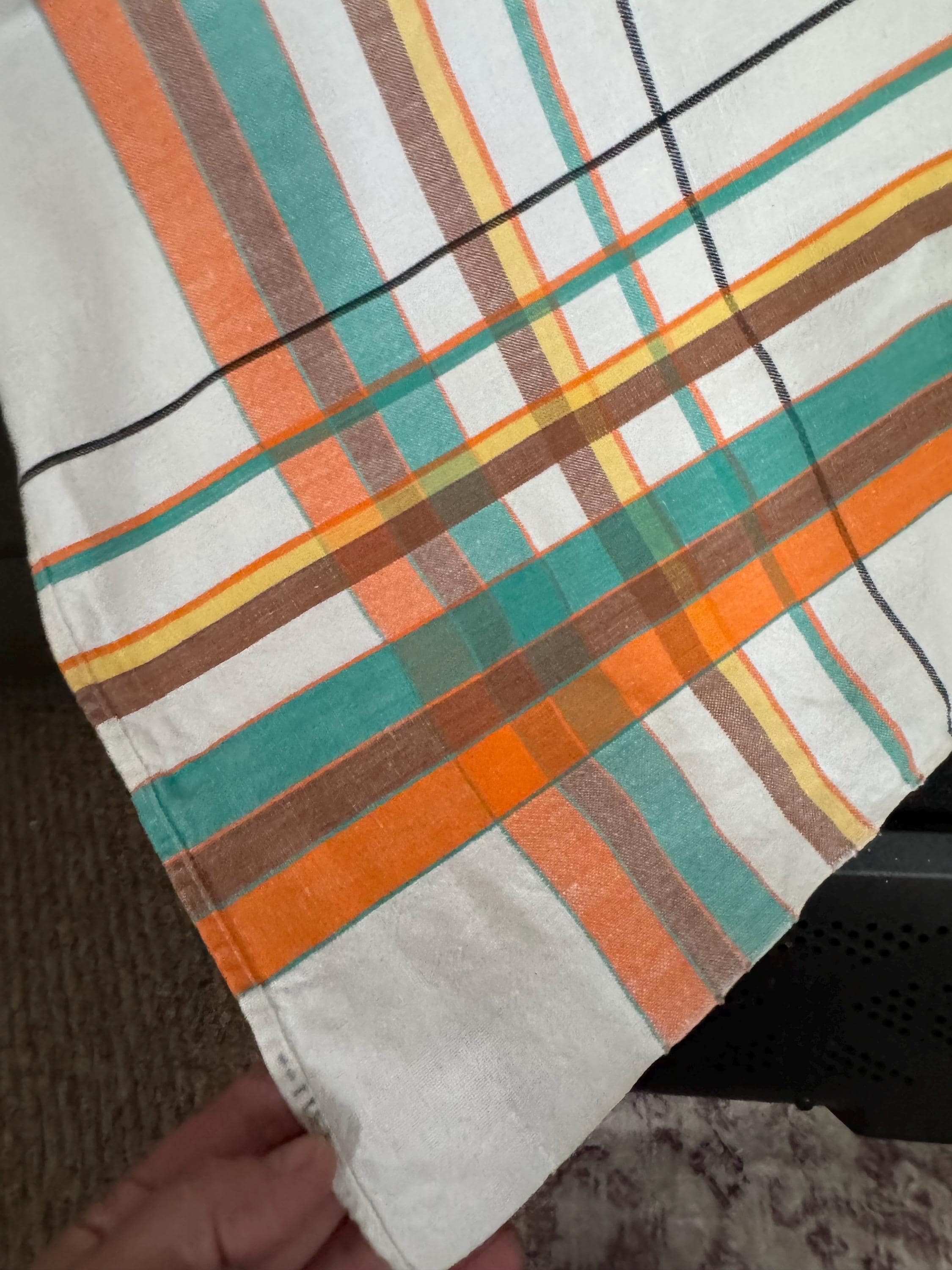 Large 145cm near square off white with orange brown green and yellow geometric stripes and check large printed tablecloth