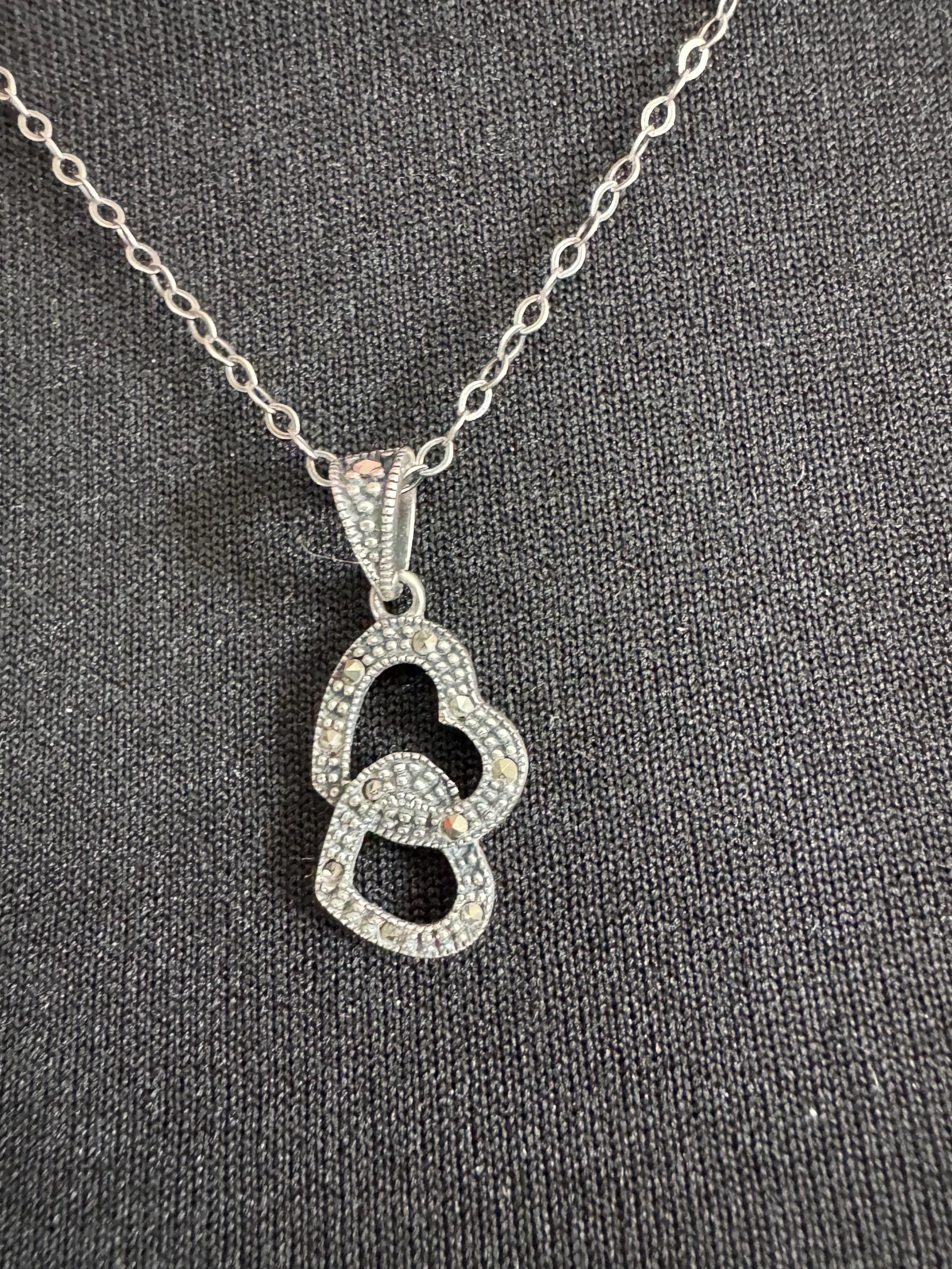 sterling silver and marcasite double love heart shaped pendant 3cm 3.6 grams on a 46cm 925 chain