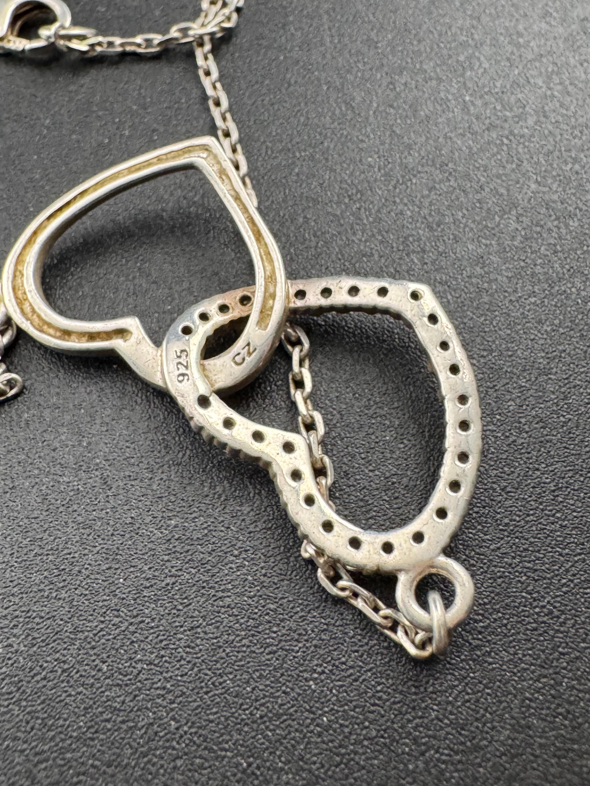 retro 925 Sterling silver CZ diamanté double heart pendant necklace on a 41 cm chain