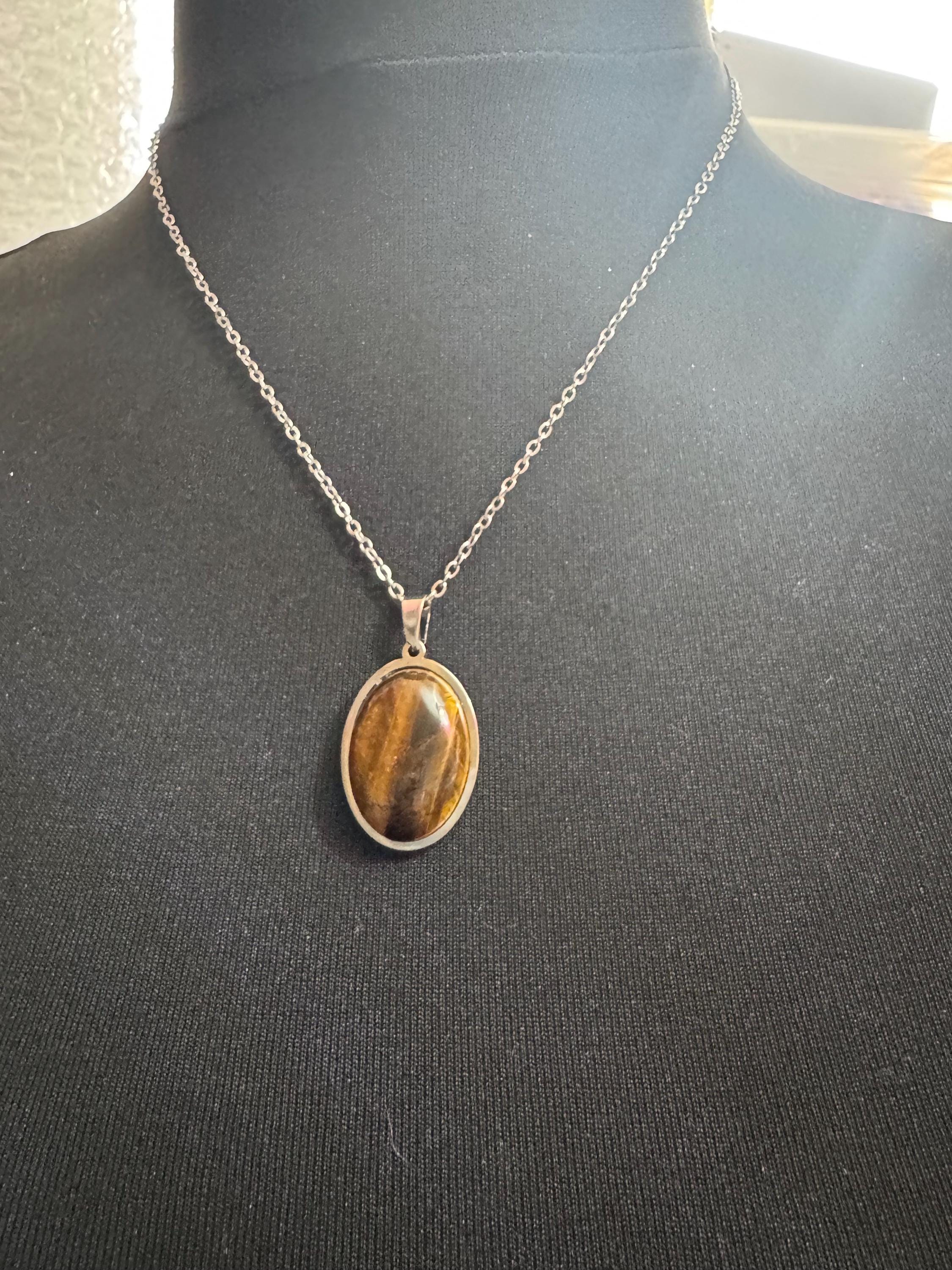 Tiger's Eye Gemstone Pendant: Stainless Steel Chain Necklace