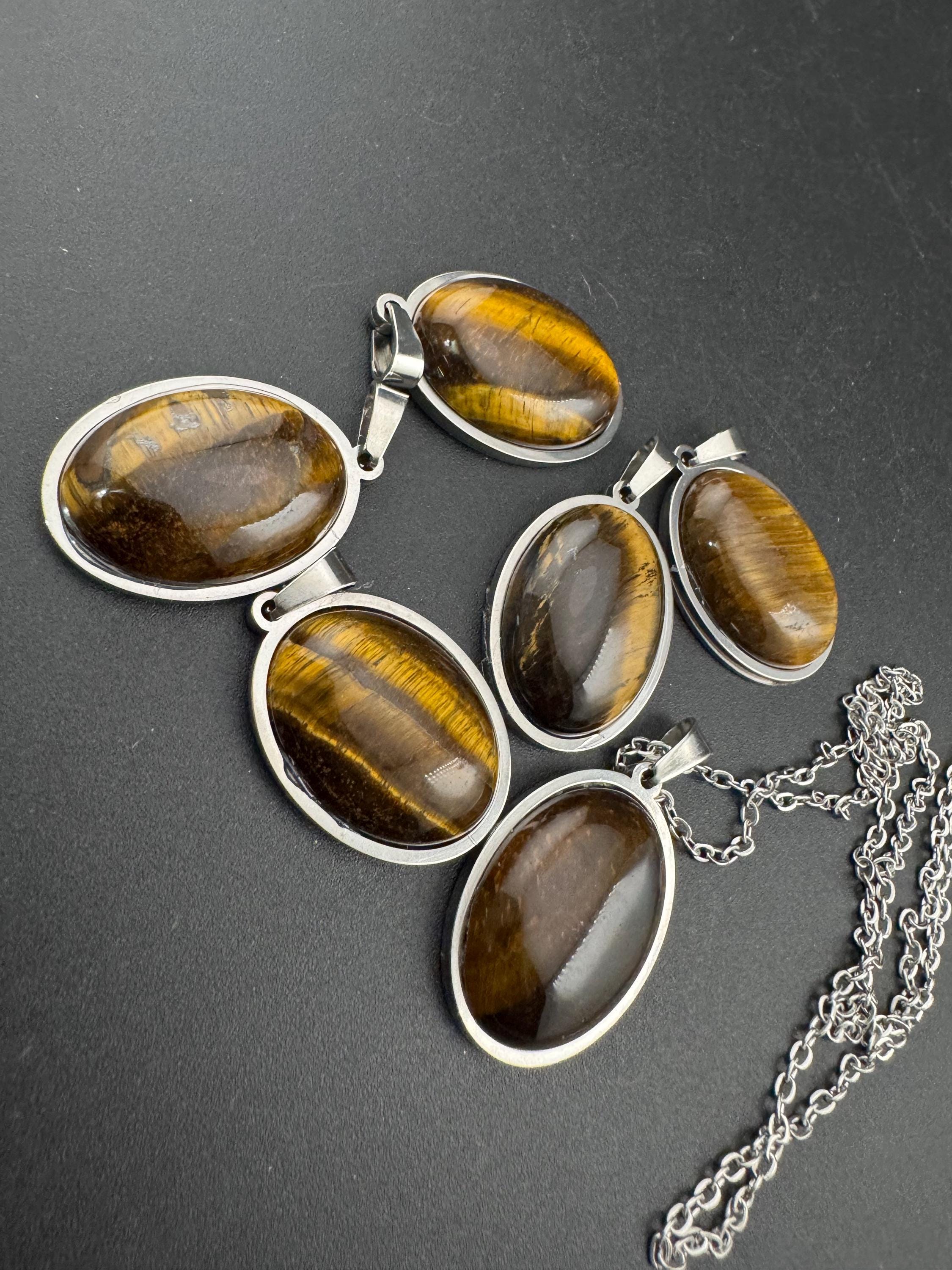 Tiger's Eye Gemstone Pendant: Stainless Steel Chain Necklace