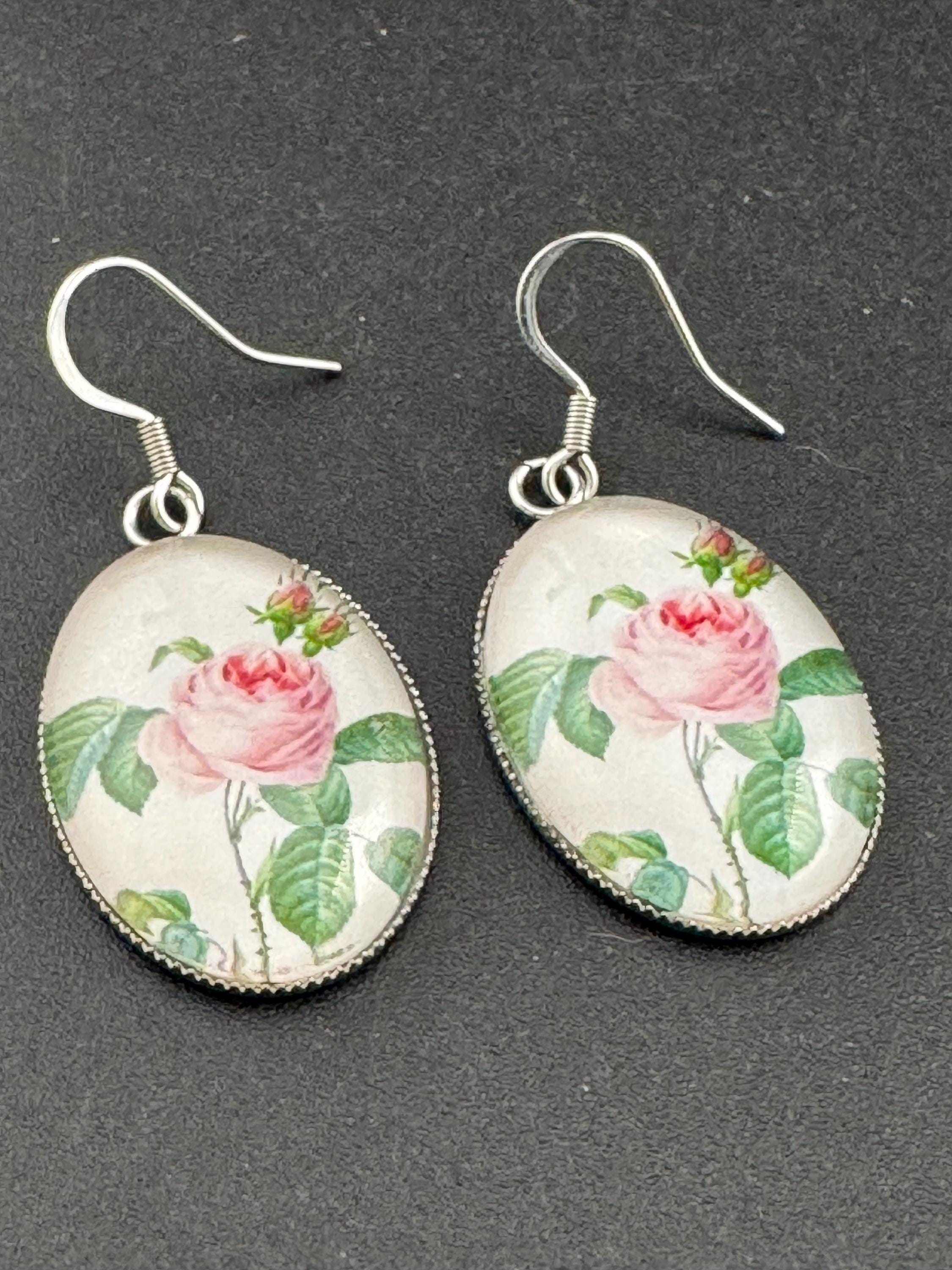 Pink roses garden flowers handmade oval glass cabochon earrings, stainless steel, non tarnish earwires and fittings, ideal spring summer