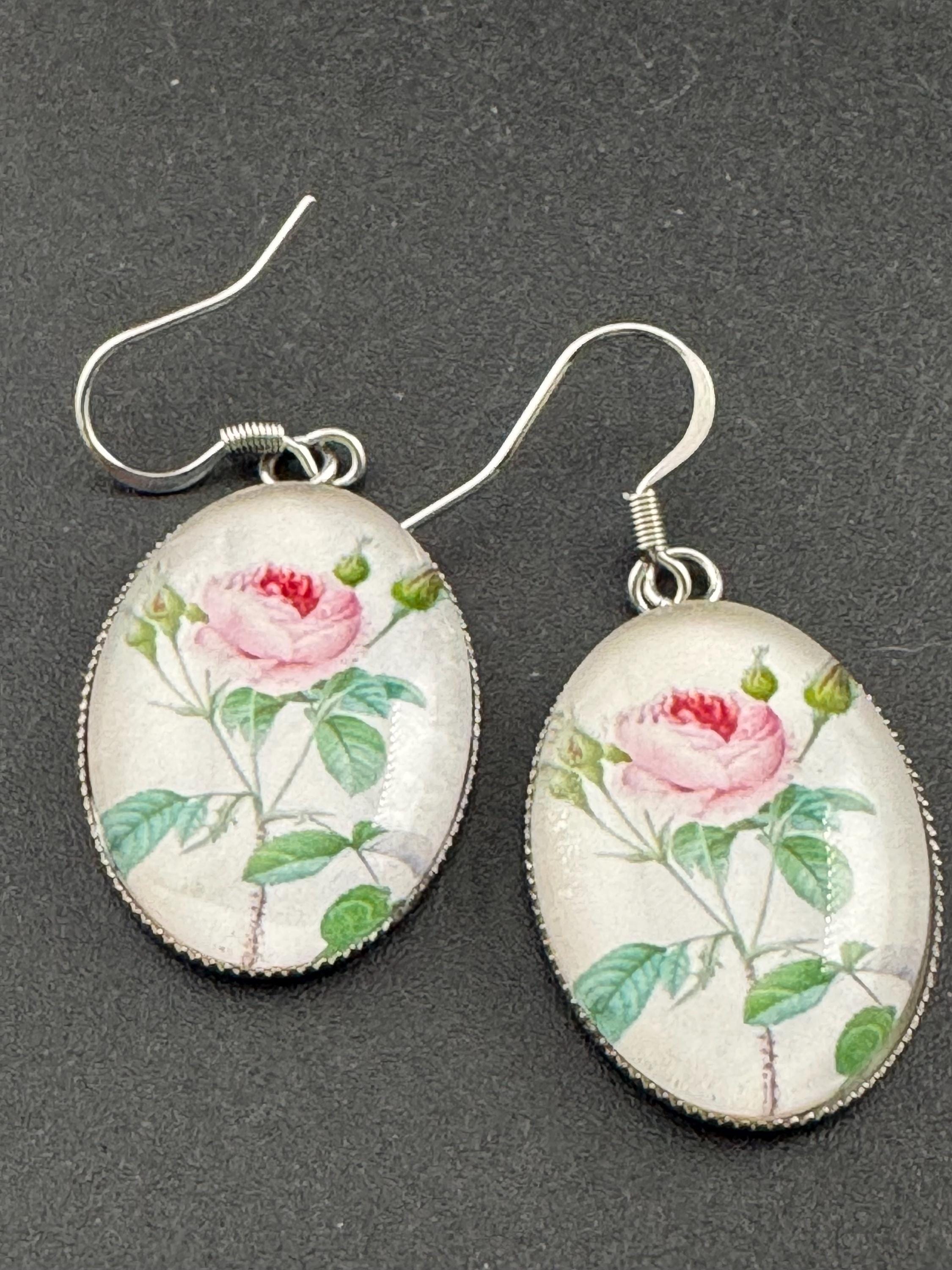 Pink roses garden flowers handmade oval glass cabochon earrings, stainless steel, non tarnish earwires and fittings, ideal spring summer