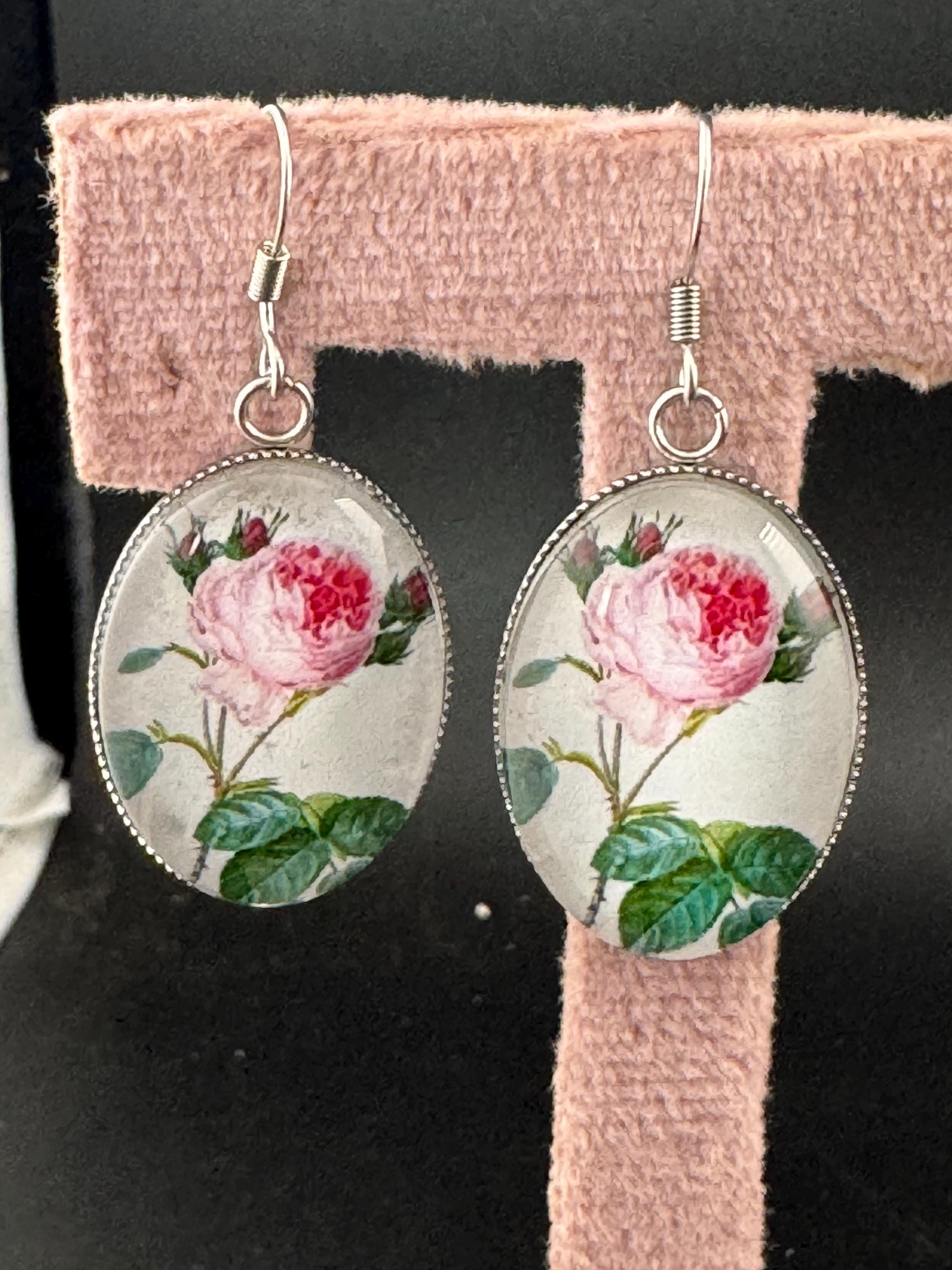 Pink roses garden flowers handmade oval glass cabochon earrings, stainless steel, non tarnish earwires and fittings, ideal spring summer