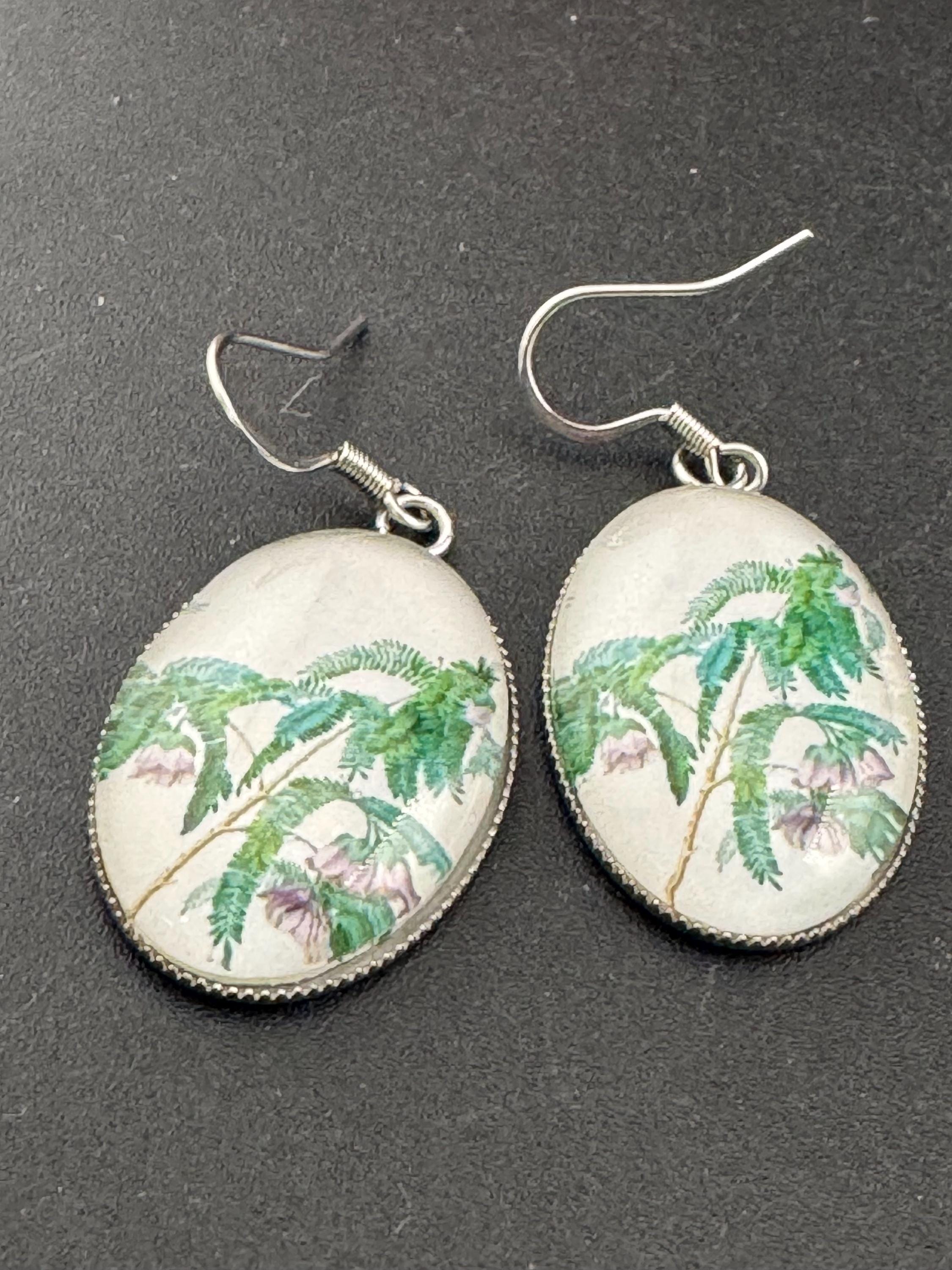 Green foliage garden flowers handmade oval glass cabochon earrings, stainless steel, non tarnish earwires and fittings, ideal spring summer