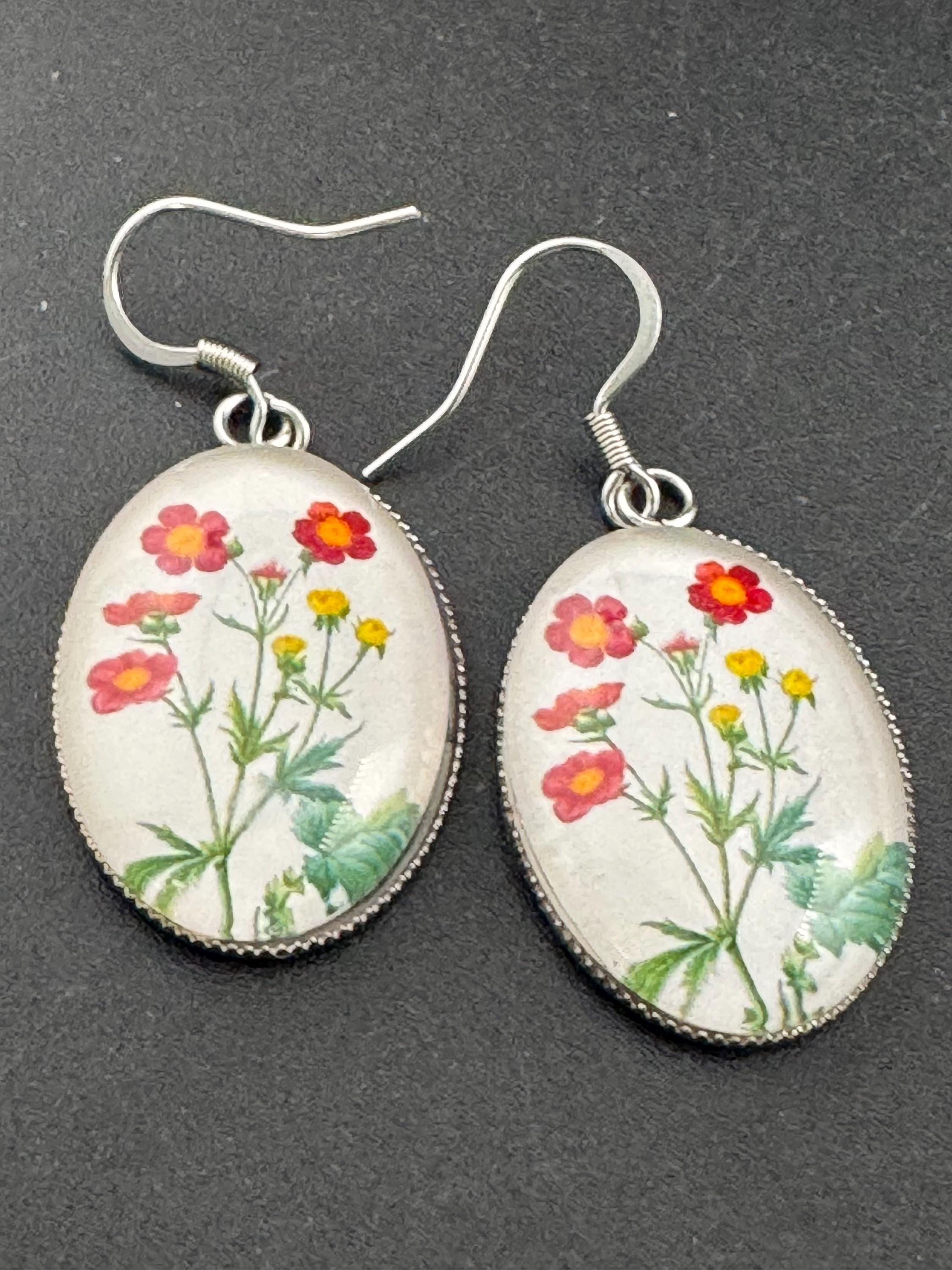 Yellow and red garden flowers handmade oval glass cabochon earrings, stainless steel, non tarnish earwires and fittings, ideal spring summer