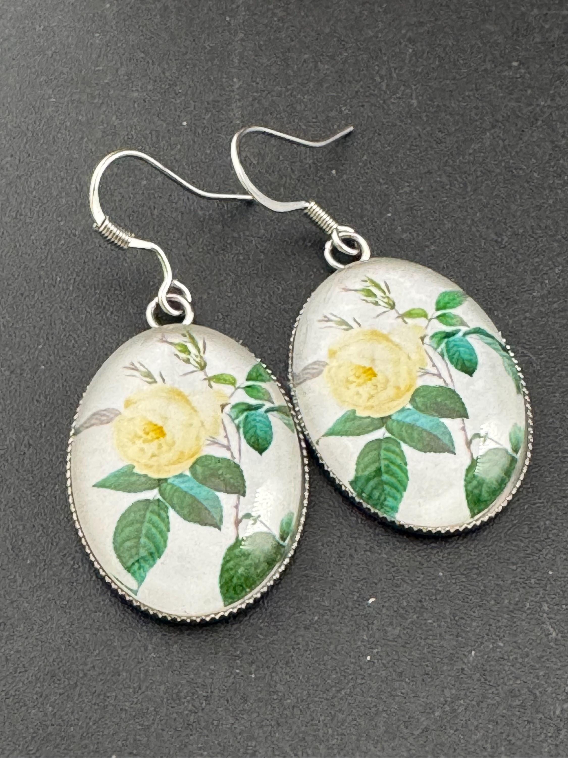 Yellow roses garden flowers handmade oval glass cabochon earrings, stainless steel, non tarnish earwires and fittings, ideal spring summer