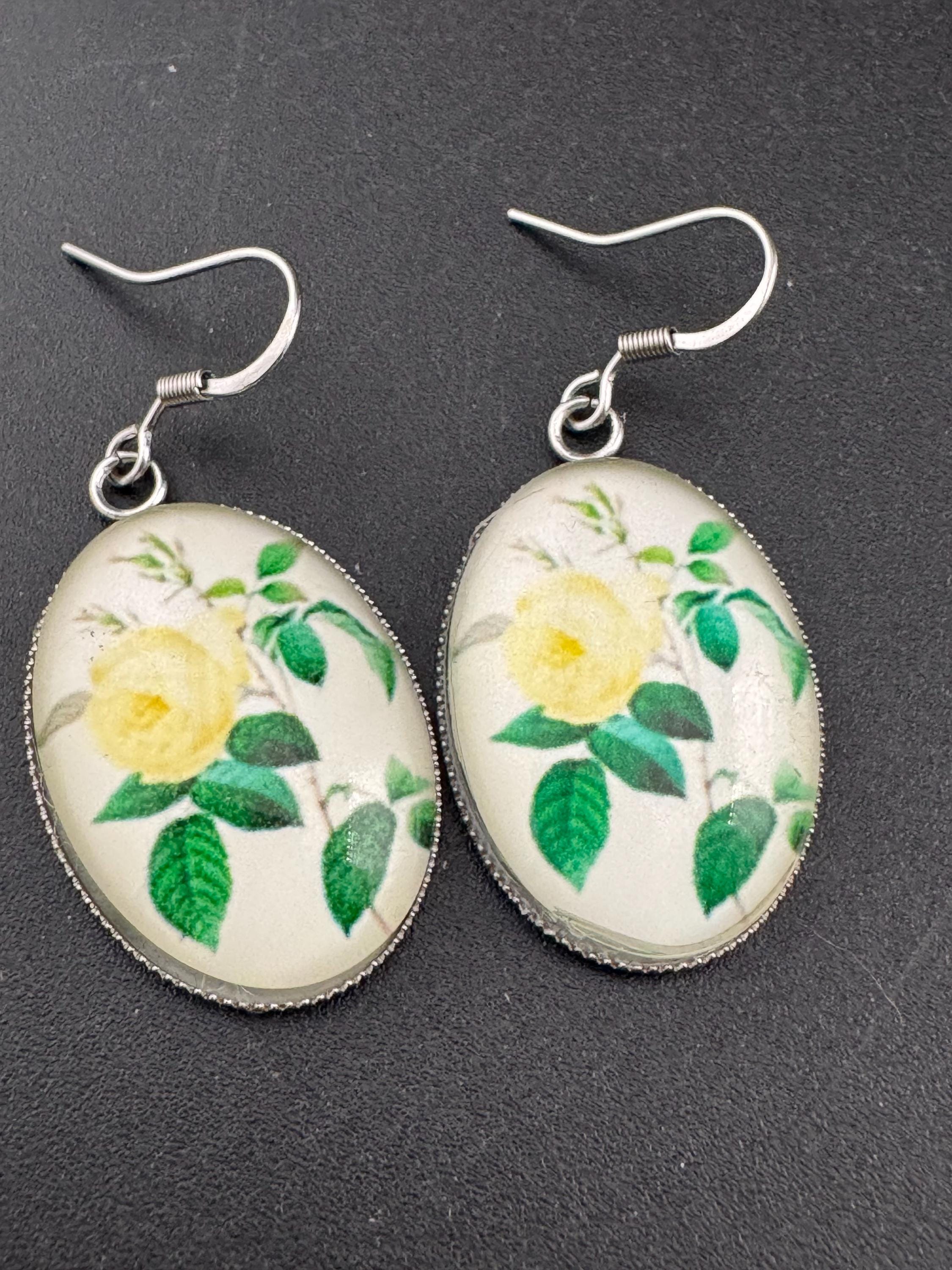Yellow roses garden flowers handmade oval glass cabochon earrings, stainless steel, non tarnish earwires and fittings, ideal spring summer