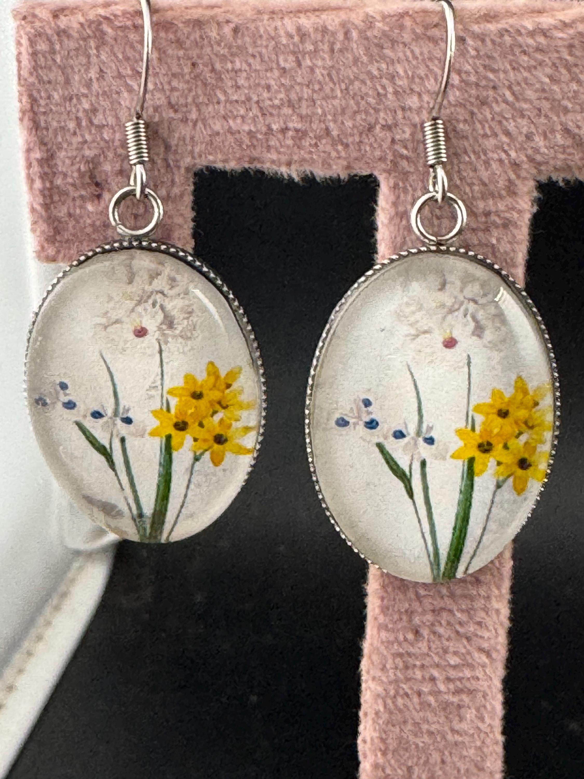 Yellow daffodil garden flowers handmade oval glass cabochon earrings, stainless steel, non tarnish earwires and fittings, spring summer