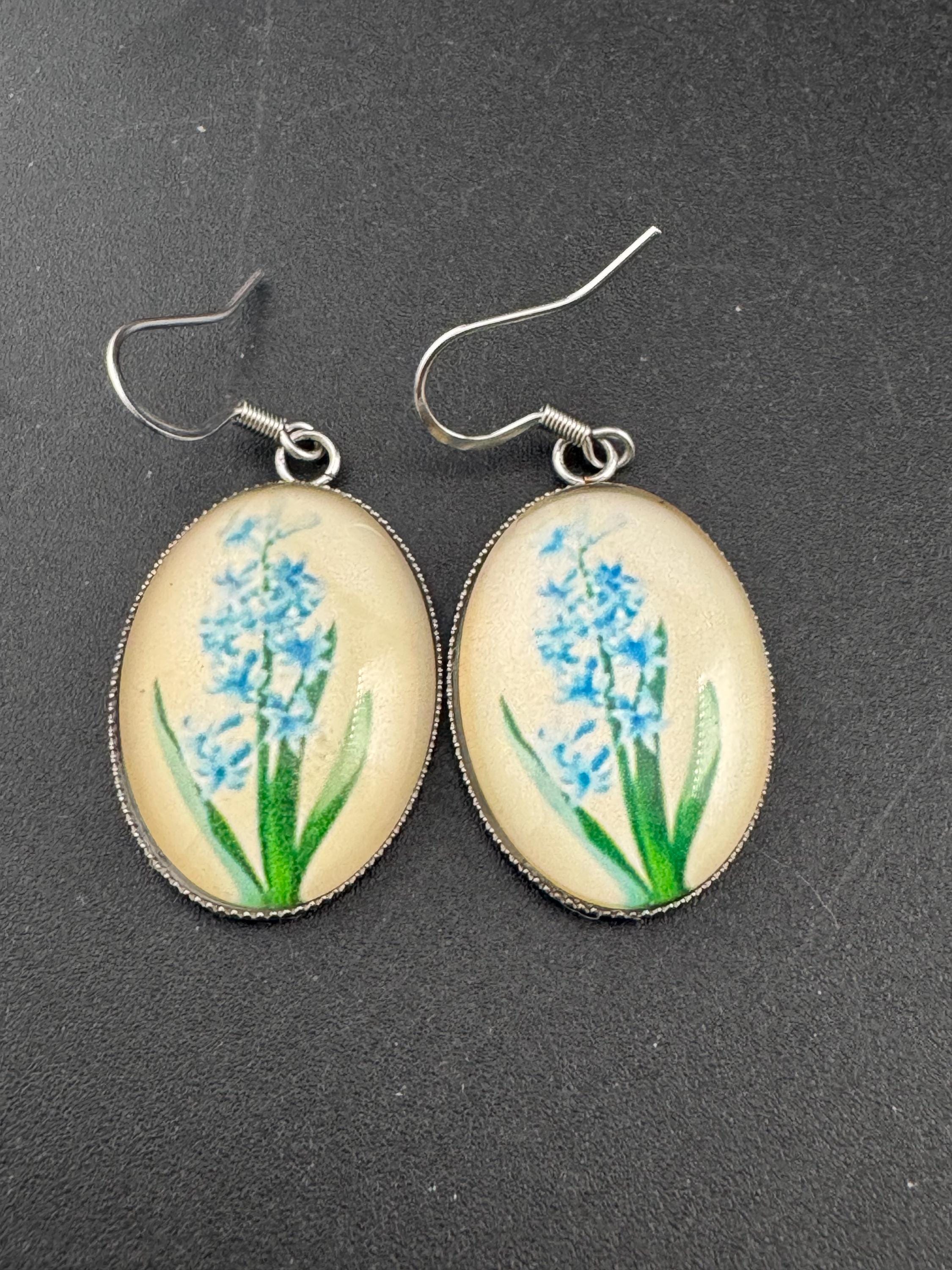 Blue bluebells garden flowers handmade oval glass cabochon earrings, stainless steel, non tarnish earwires and fittings, ideal spring summer