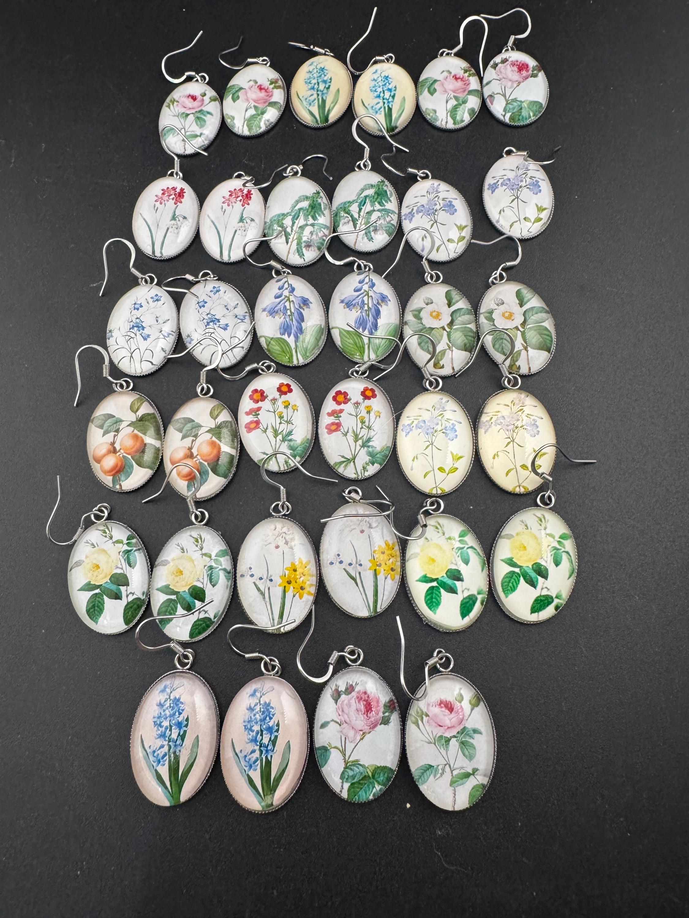 Blue bluebells garden flowers handmade oval glass cabochon earrings, stainless steel, non tarnish earwires and fittings, ideal spring summer