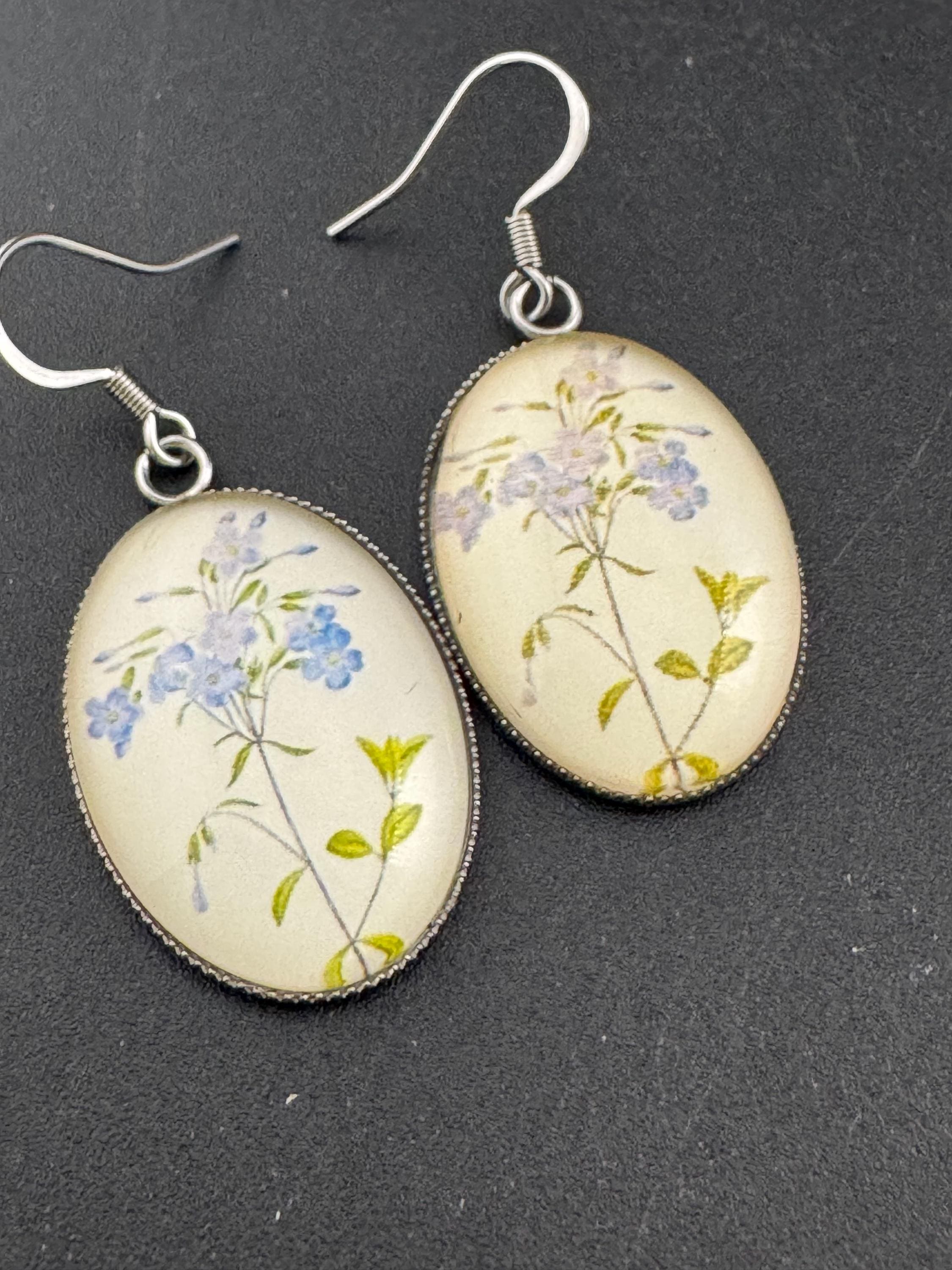 Blue bluebells garden flowers handmade oval glass cabochon earrings, stainless steel, non tarnish earwires and fittings, ideal spring summer