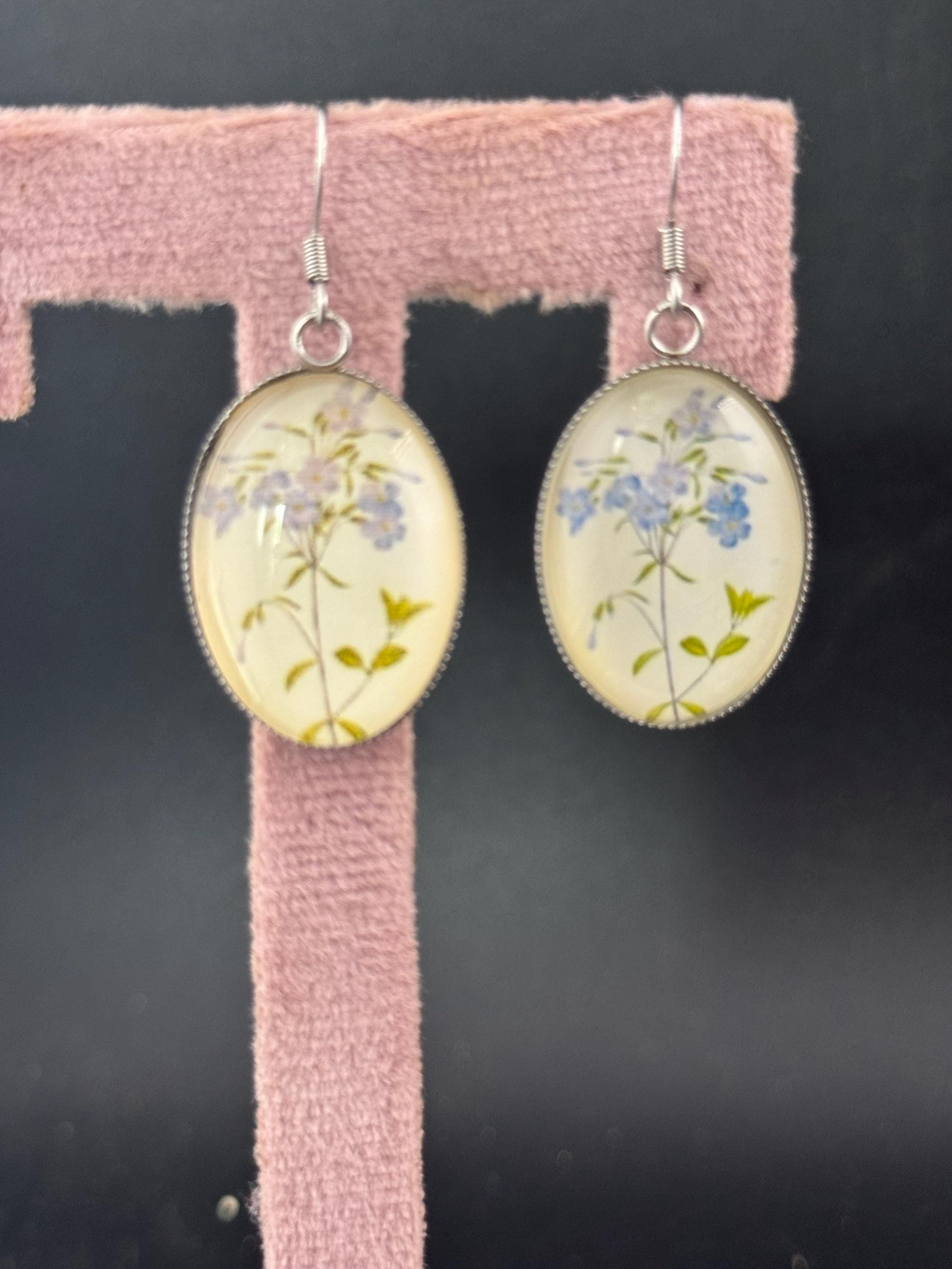 Blue bluebells garden flowers handmade oval glass cabochon earrings, stainless steel, non tarnish earwires and fittings, ideal spring summer