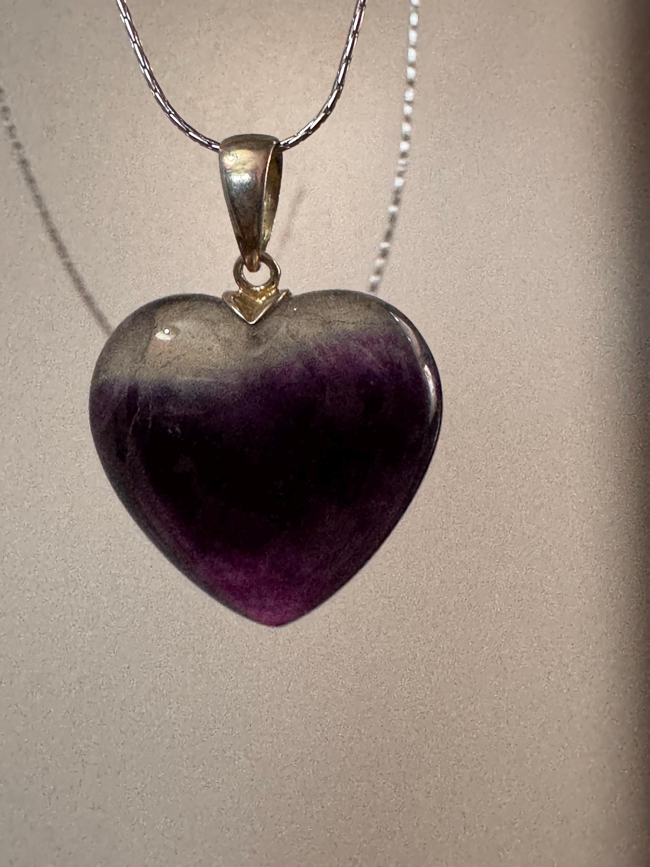 Purple amethyst chunky LOVE HEART gemstone pendant sterling 925 silver on 43cm fine chain