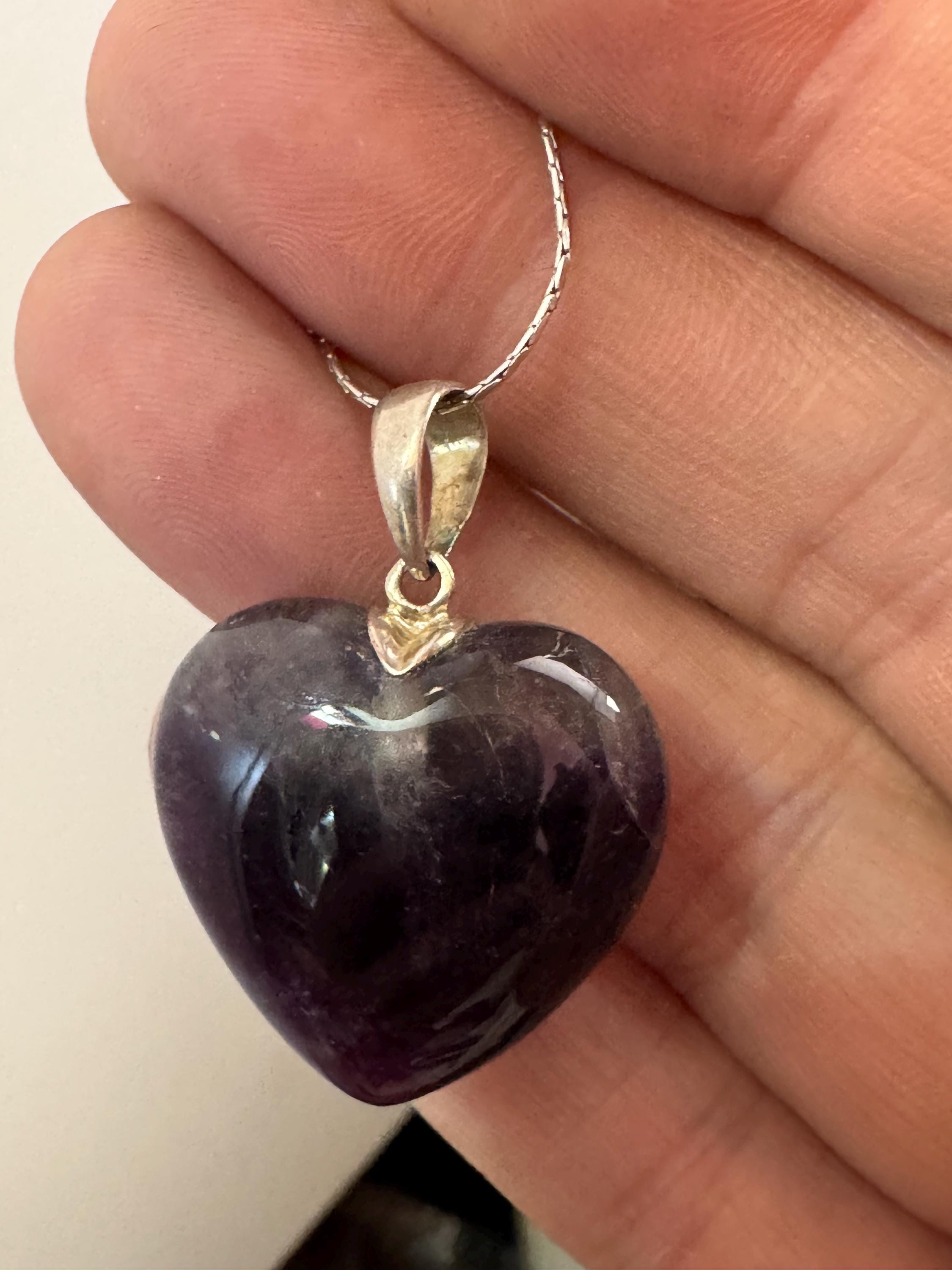 Purple amethyst chunky LOVE HEART gemstone pendant sterling 925 silver on 43cm fine chain