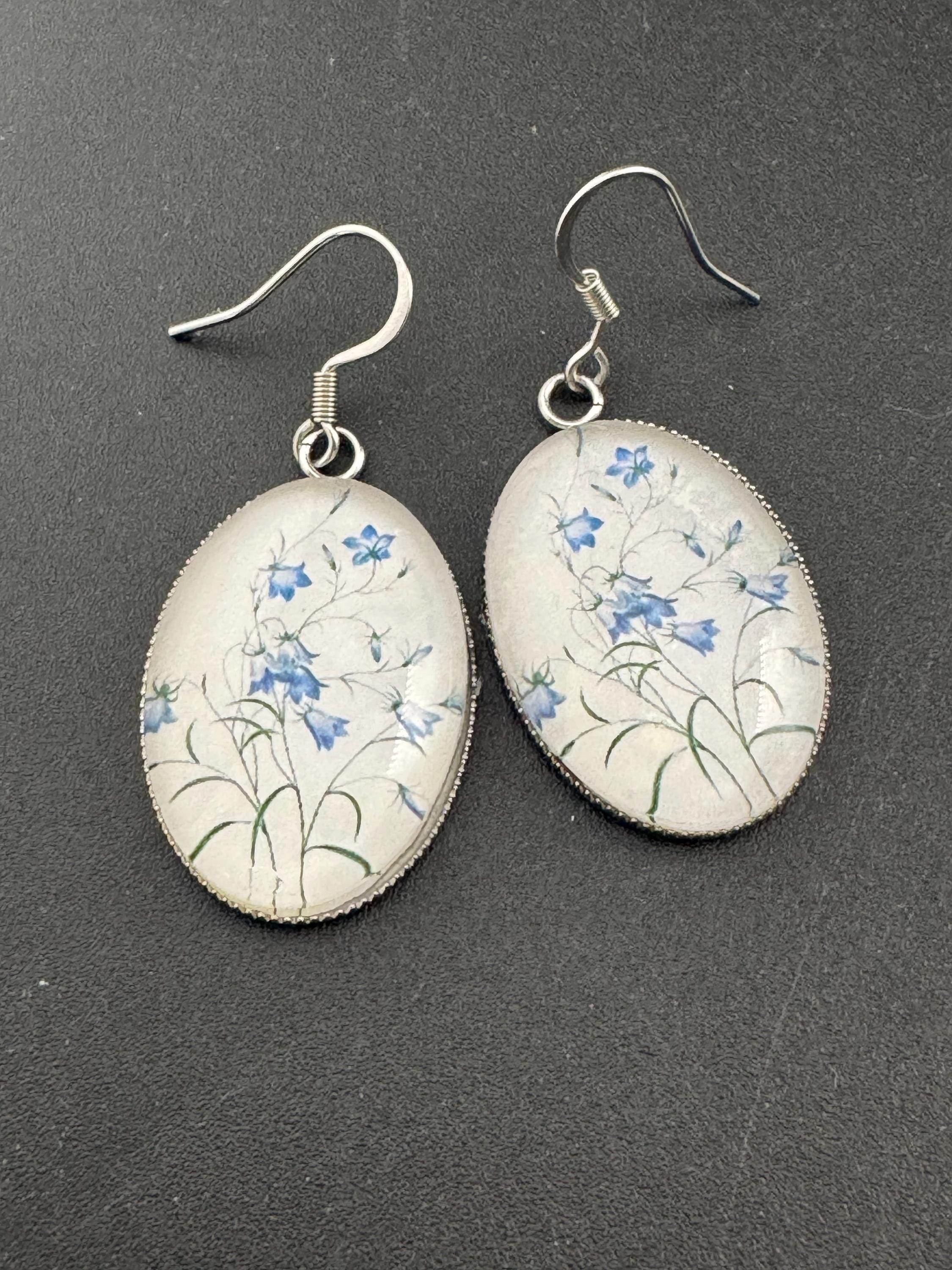 Blue bluebells garden flowers handmade oval glass cabochon earrings, stainless steel, non tarnish earwires and fittings, ideal spring summer