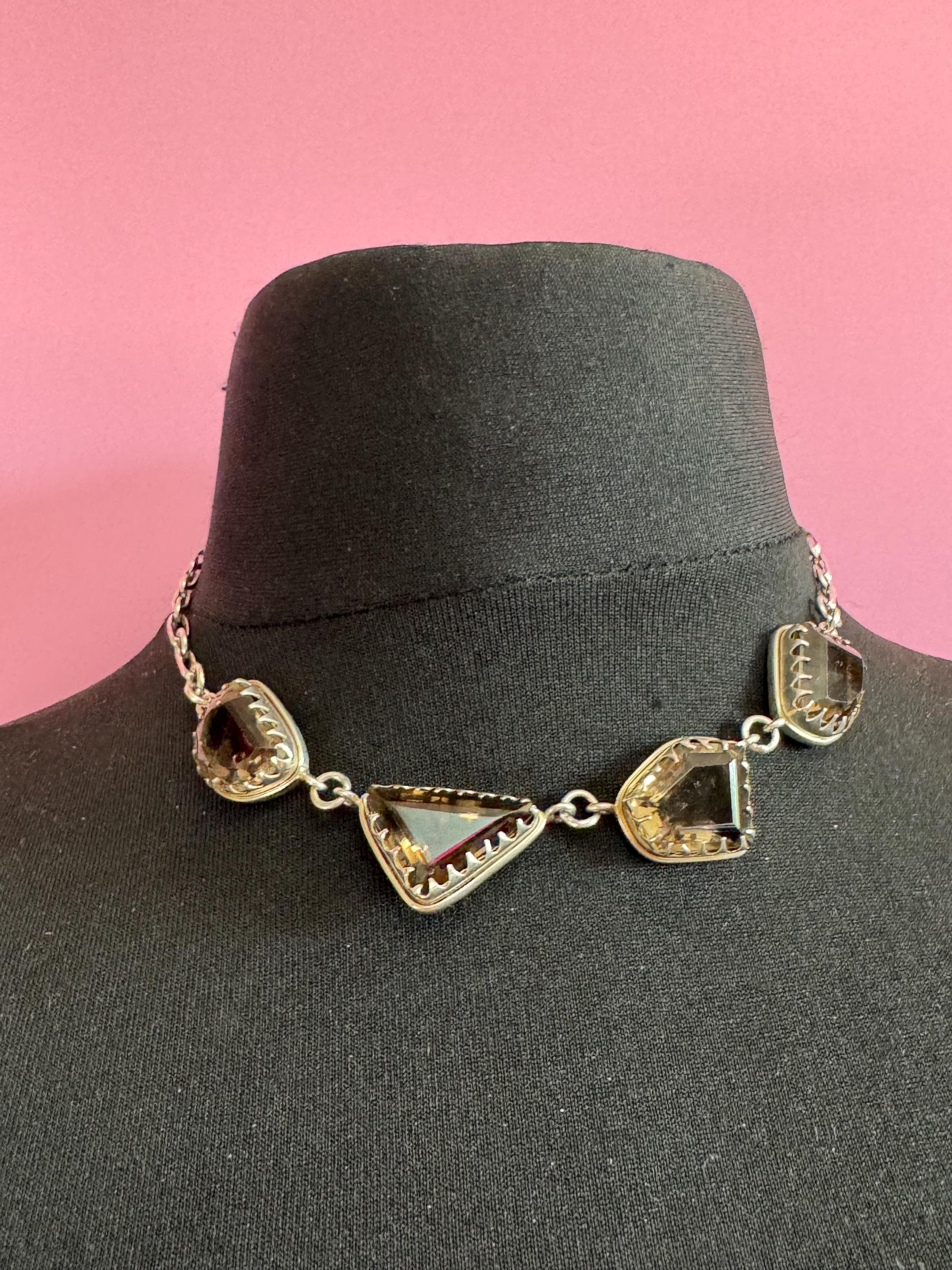 vintage sterling silver 925 chunky brown natural smoky quartz gemstone chunky cabochon necklace 41cm