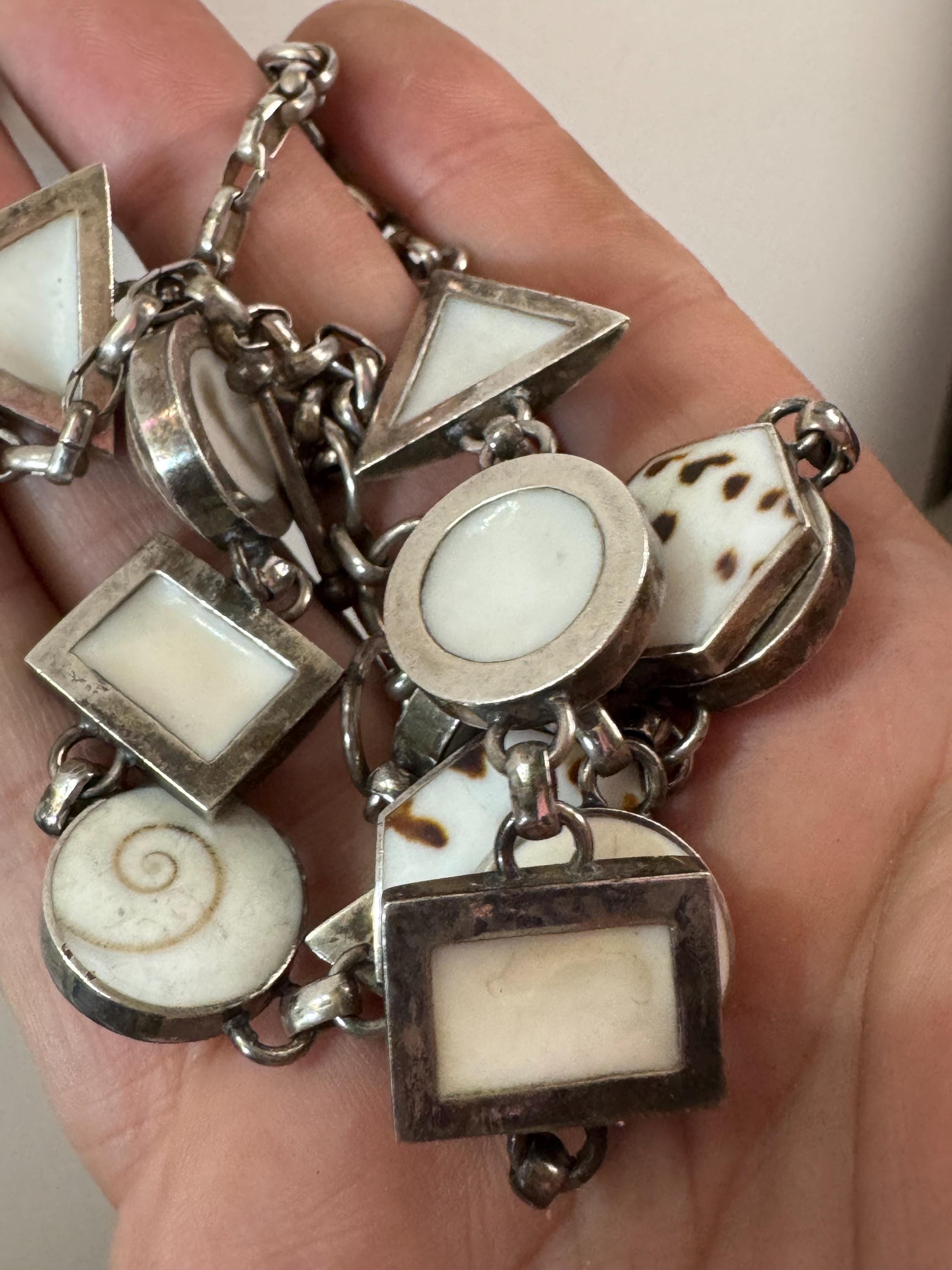 Fabulous 925 Sterling silver natural brown cream seashell bezel drop necklace, 51cm 52.7 grams