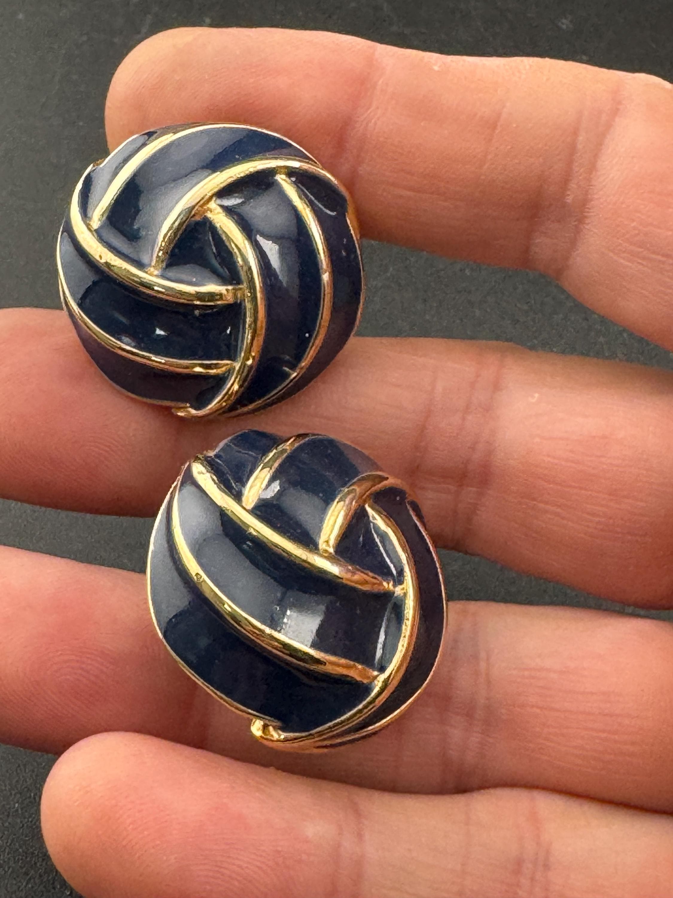 Vintage blue enamel clip on stud swirl earrings gold tone