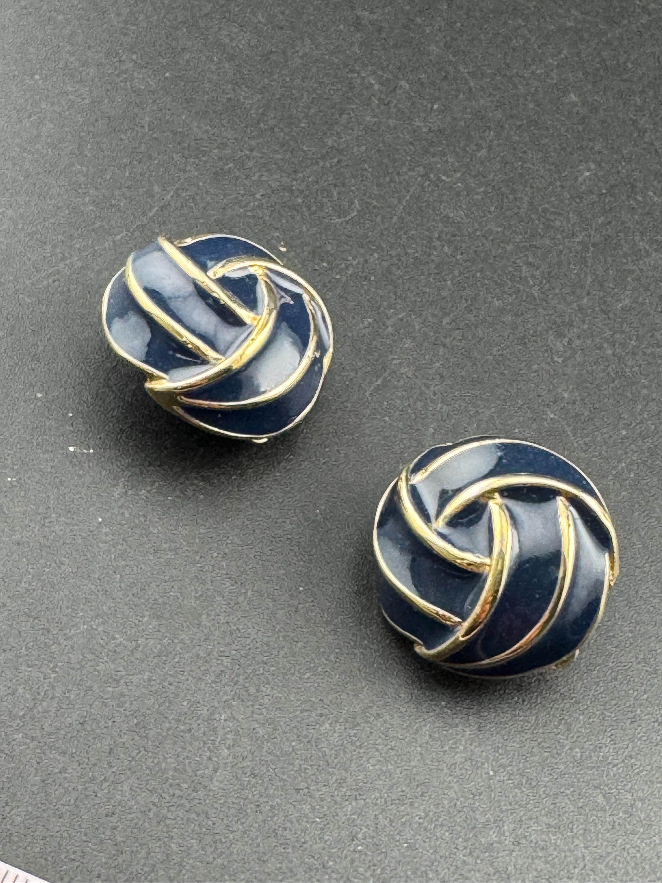 Vintage blue enamel clip on stud swirl earrings gold tone