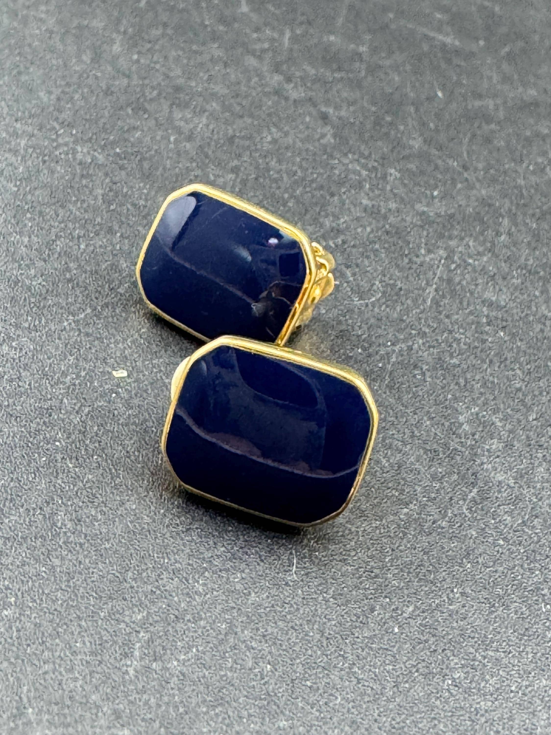 Vintage blue enamel stud octagonal small clip on earrings gold tone