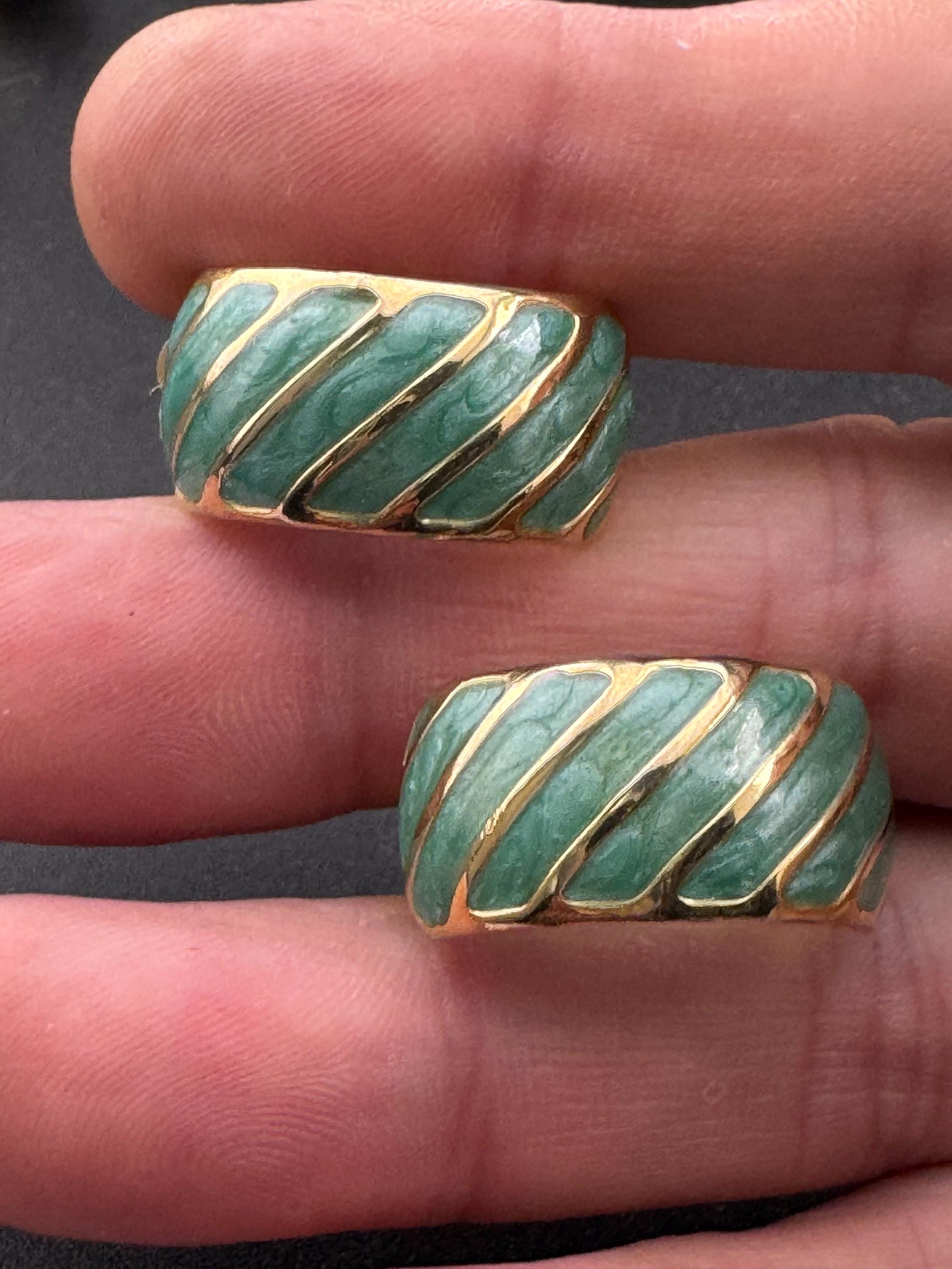 Retro gold tone turquoise blue enamel clip on half hoop earrings