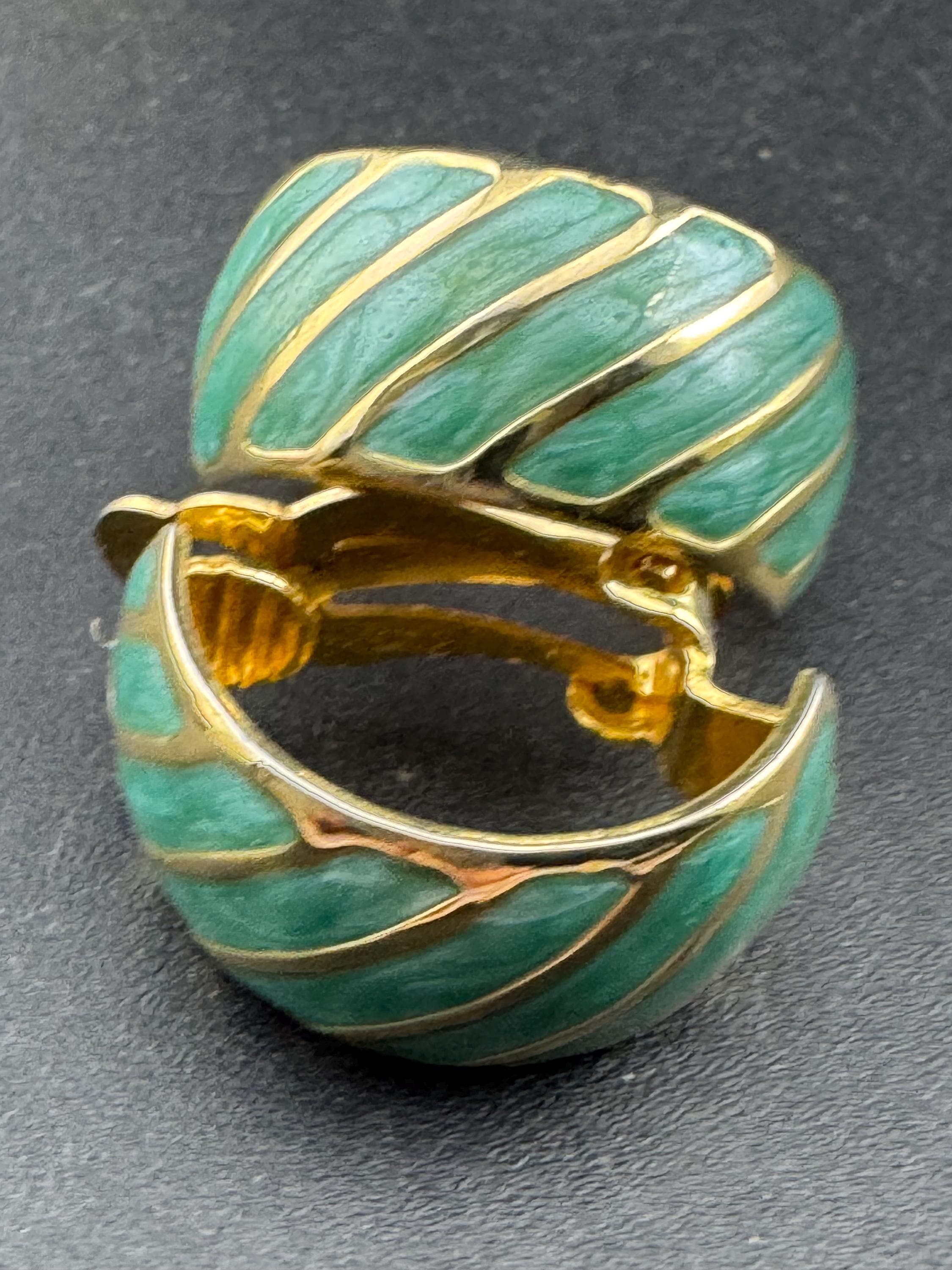Retro gold tone turquoise blue enamel clip on half hoop earrings
