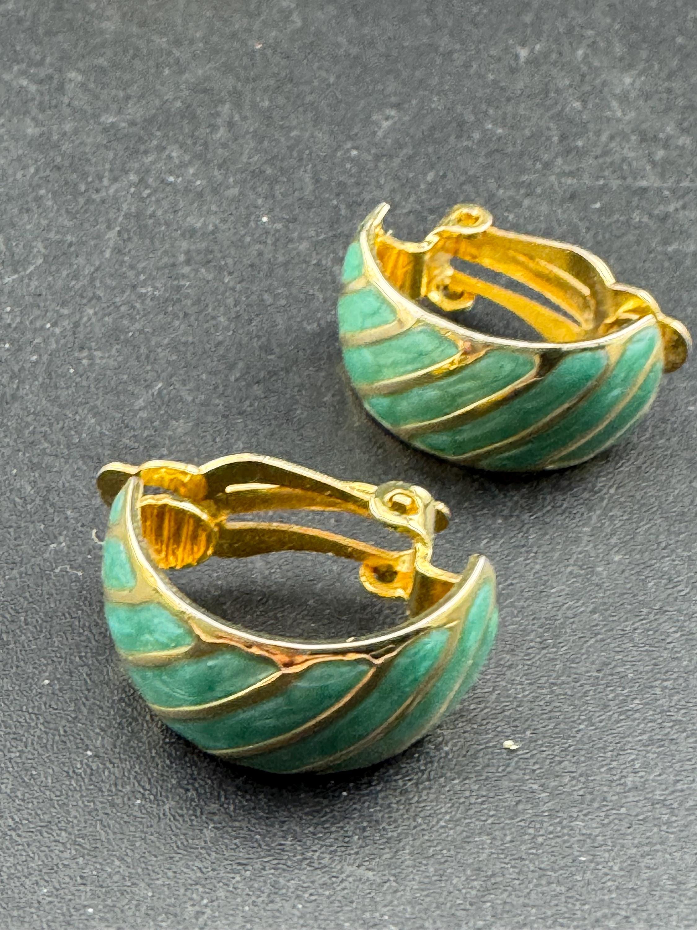 Retro gold tone turquoise blue enamel clip on half hoop earrings