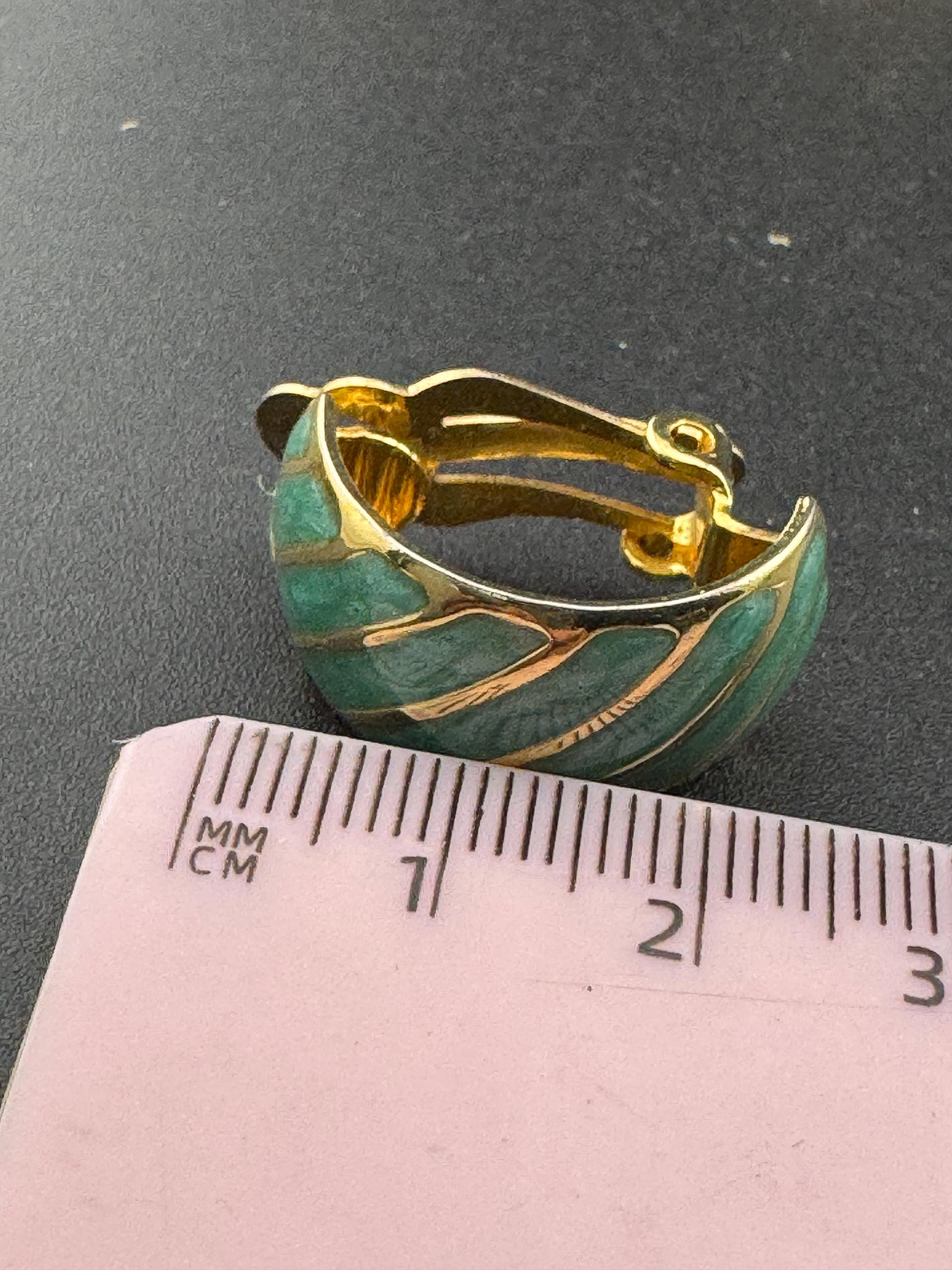 Retro gold tone turquoise blue enamel clip on half hoop earrings
